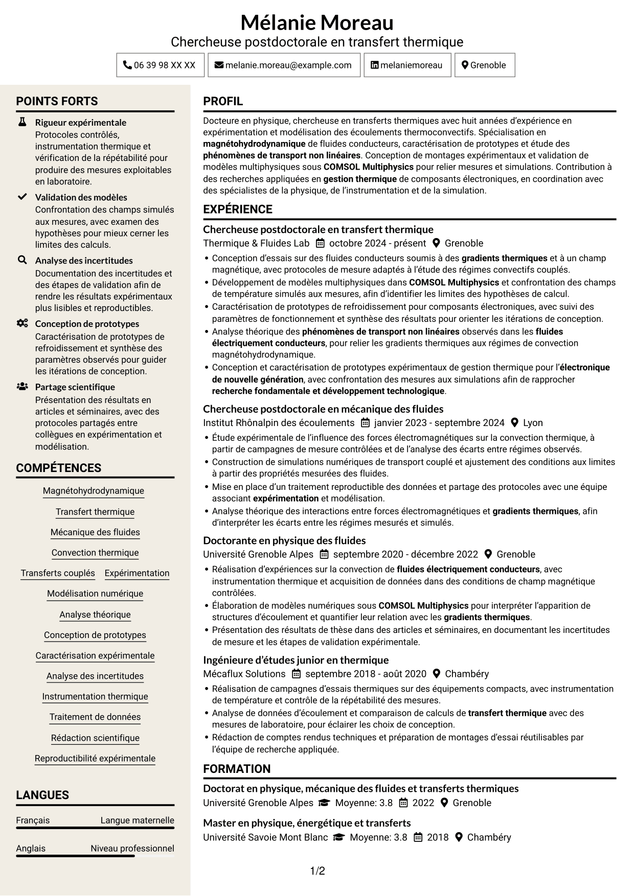 CV Fonceur (format à deux colonnes avec en-tête centré sans photo) : Post-doctorant - Magnétohydrodynamique et transfert thermique, page 1