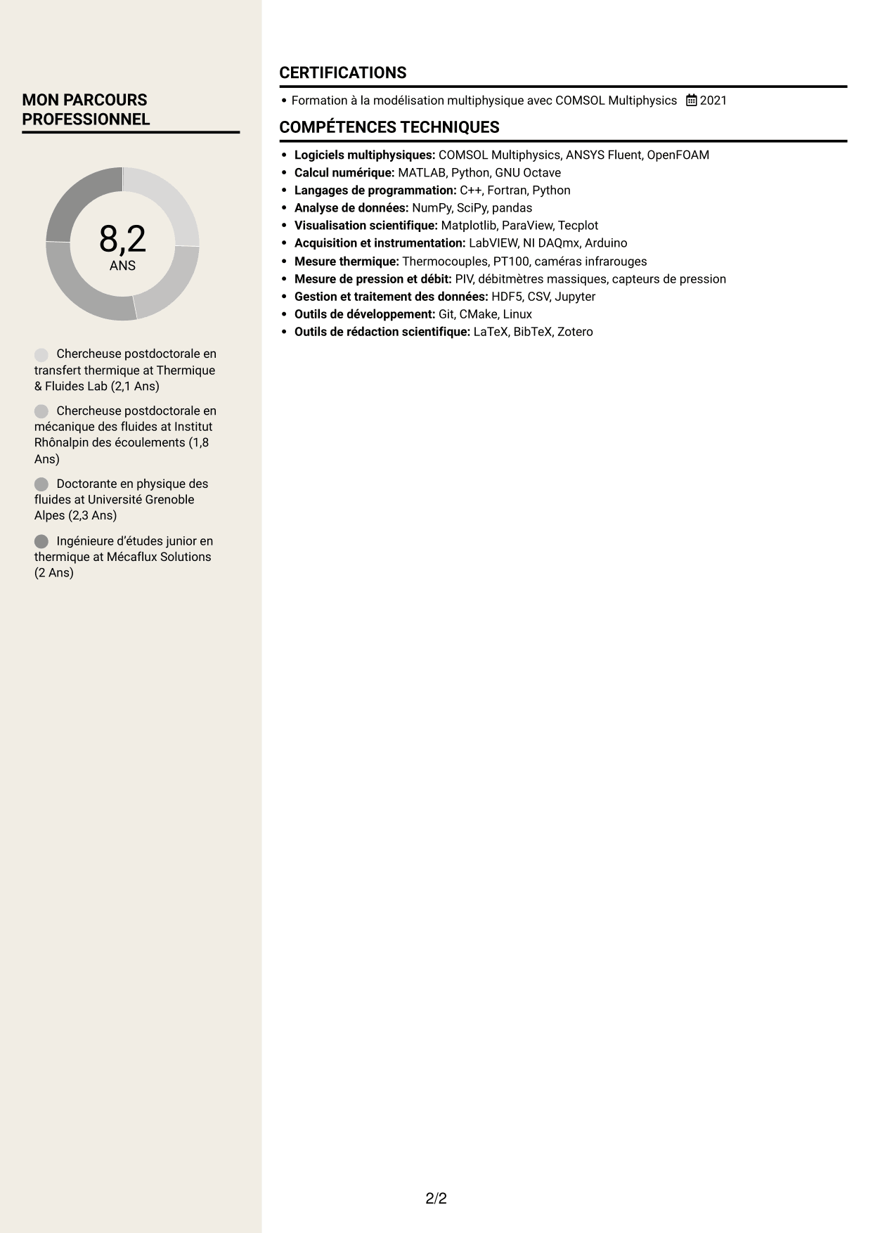 CV Fonceur (format à deux colonnes avec en-tête centré sans photo) : Post-doctorant - Magnétohydrodynamique et transfert thermique, page 2