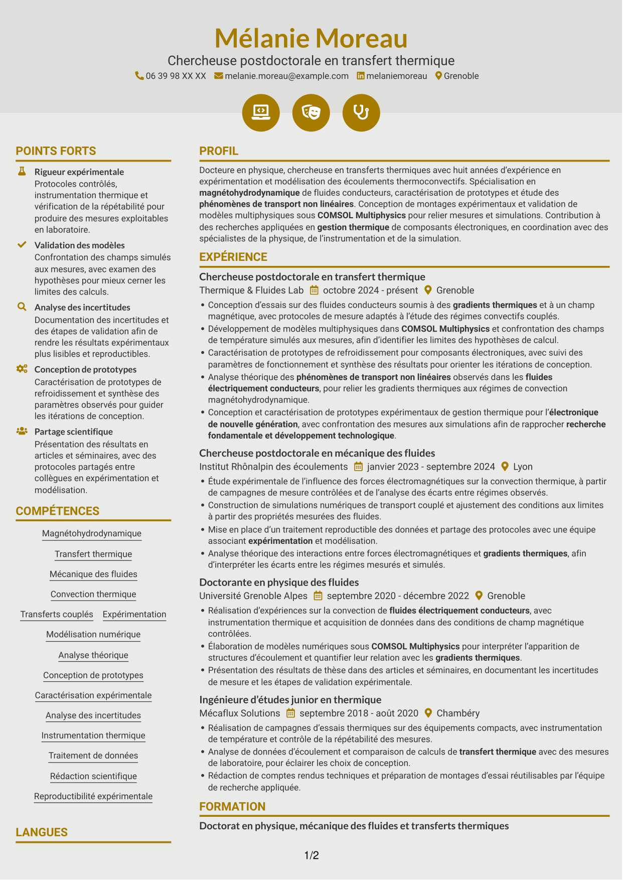 CV Dynamique (format à deux colonnes avec icônes) : Post-doctorant - Magnétohydrodynamique et transfert thermique, page 1