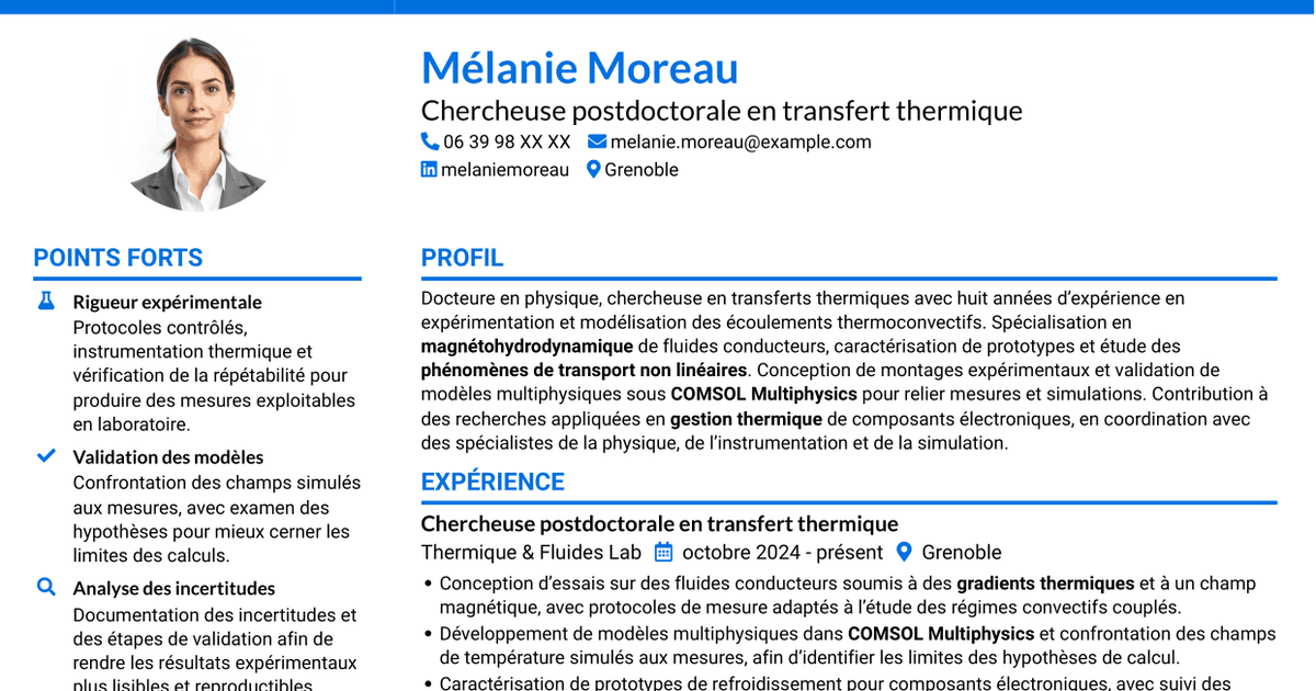 7 modèles de CV pour Post-doctorant - Magnétohydrodynamique et transfert thermique, avec exemples