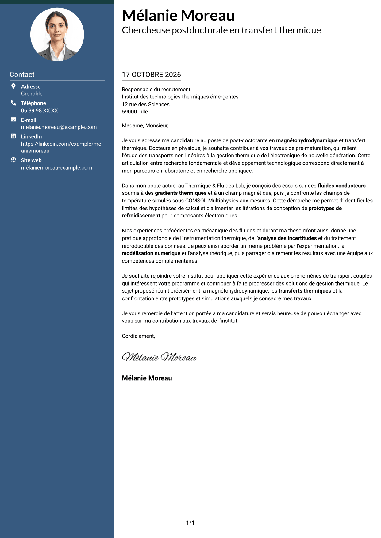 Lettre de motivation Élégant (format à colonne latérale colorée avec photo) : Post-doctorant - Magnétohydrodynamique et transfert thermique, page 1