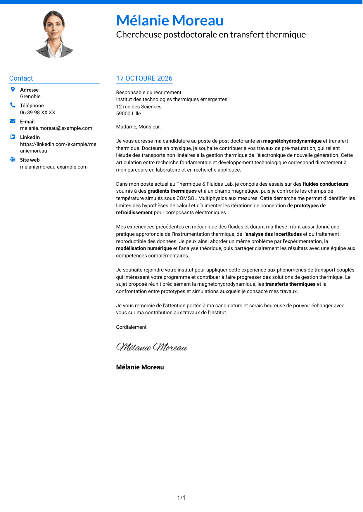 Lettre de motivation Audacieux (format à deux colonnes avec accents colorés et photo) : Post-doctorant - Magnétohydrodynamique et transfert thermique, page 1
