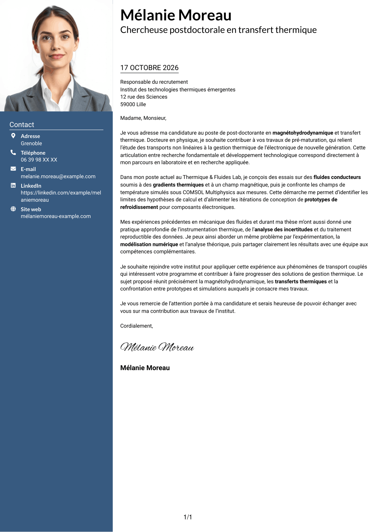 Lettre de motivation Signature (format à colonne latérale colorée avec grande photo) : Post-doctorant - Magnétohydrodynamique et transfert thermique, page 1