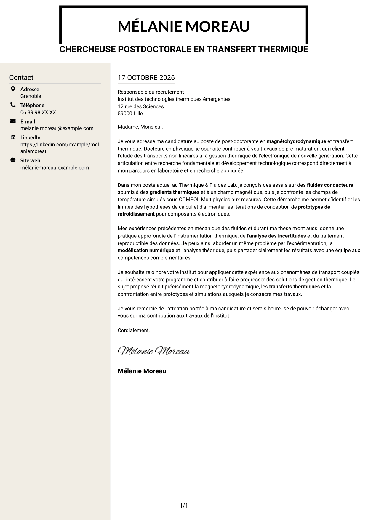 Lettre de motivation Fonceur (format à deux colonnes avec en-tête centré sans photo) : Post-doctorant - Magnétohydrodynamique et transfert thermique, page 1