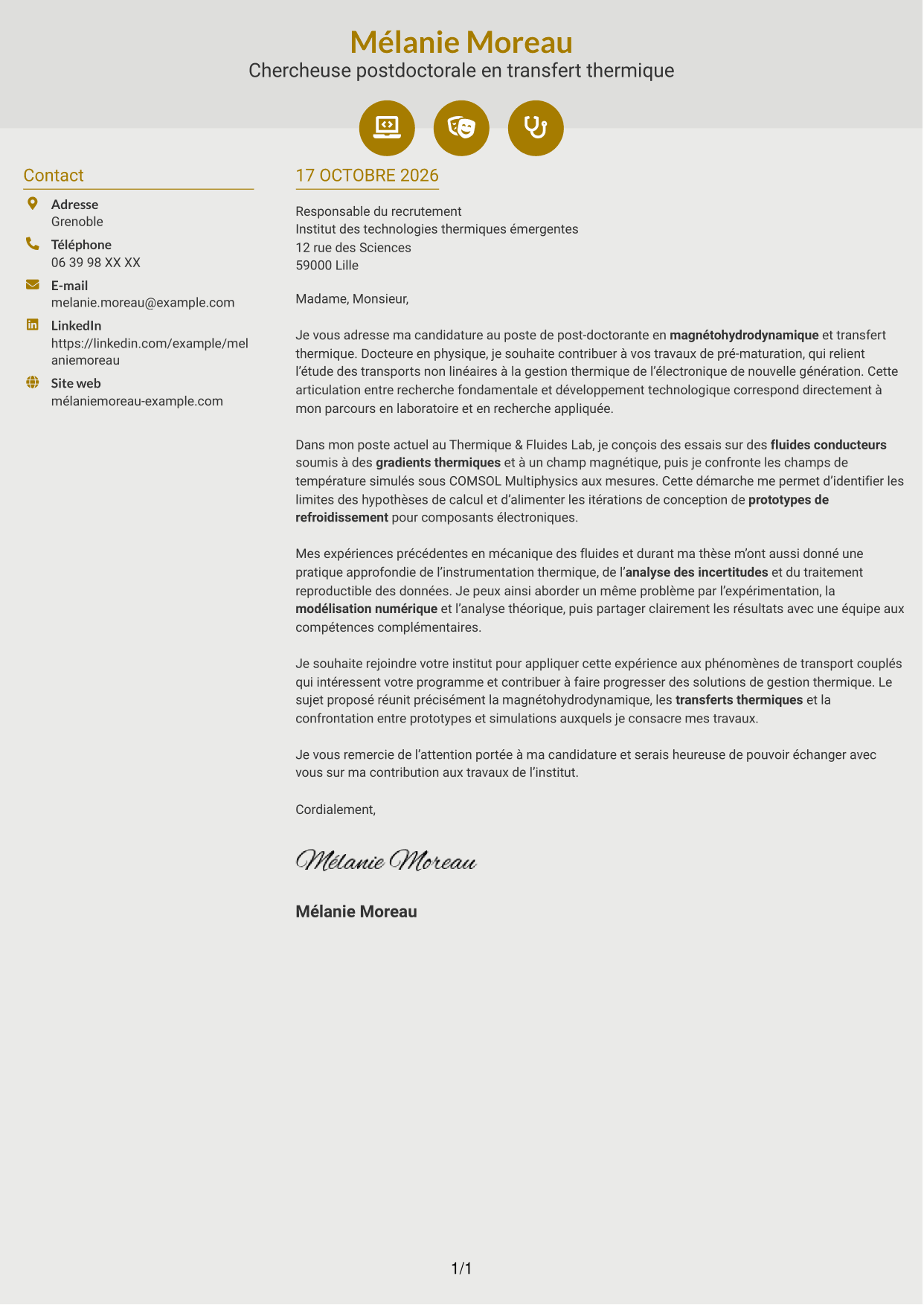 Lettre de motivation Dynamique (format à deux colonnes avec icônes) : Post-doctorant - Magnétohydrodynamique et transfert thermique, page 1