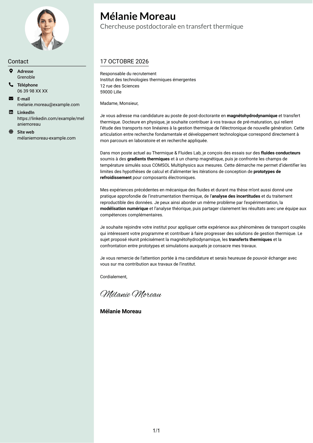 Lettre de motivation Cadre (format à colonne latérale douce avec photo arrondie) : Post-doctorant - Magnétohydrodynamique et transfert thermique, page 1