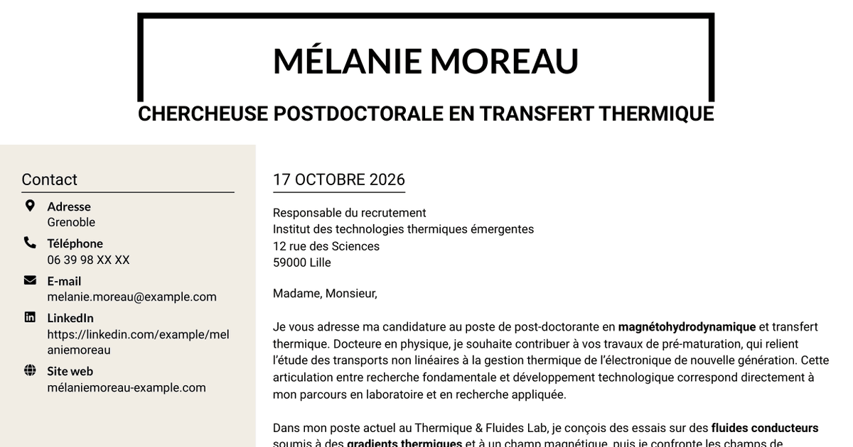 7 modèles de lettre de motivation pour Post-doctorant - Magnétohydrodynamique et transfert thermique, avec exemples
