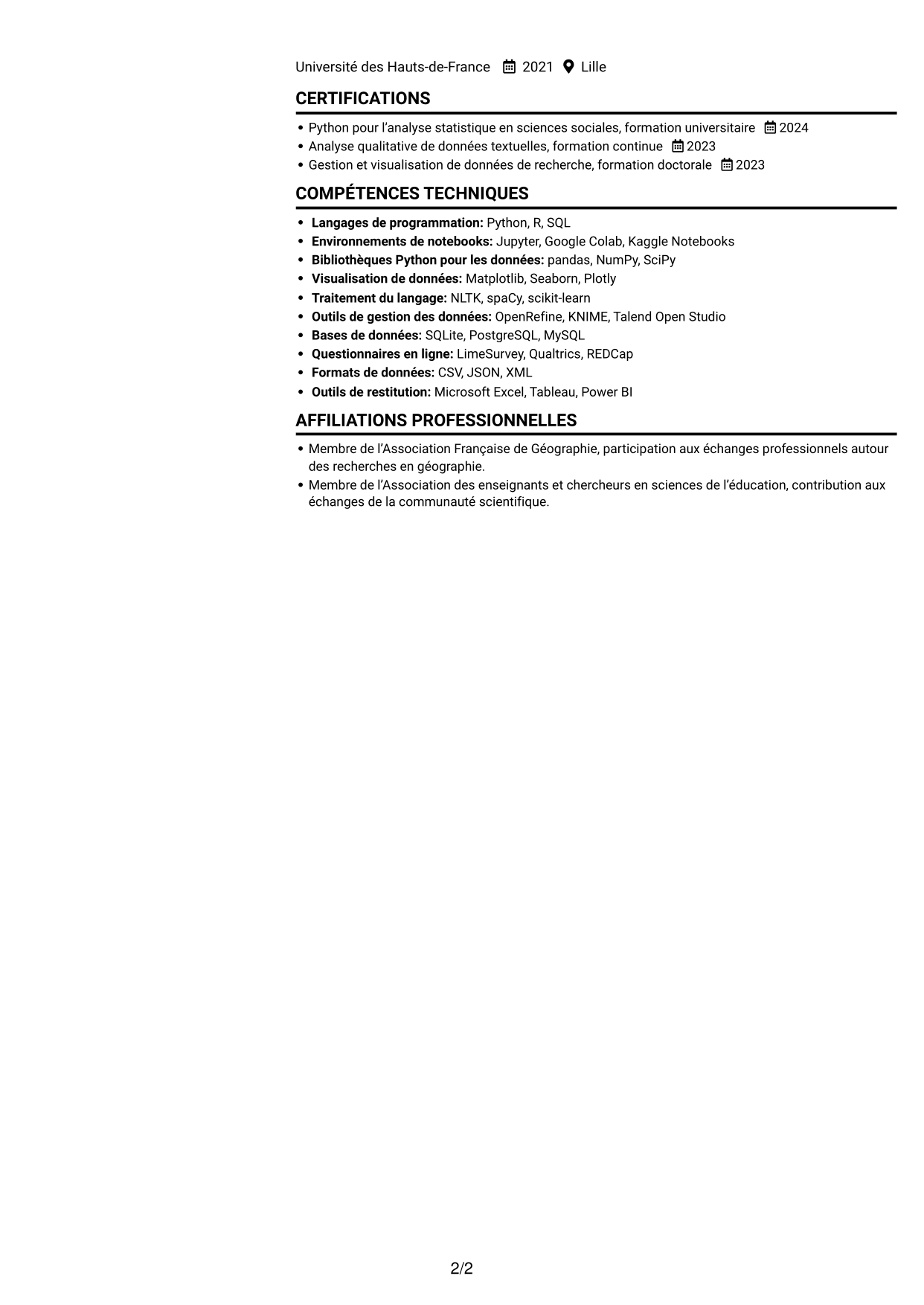 CV Compact (format sobre à deux colonnes avec photo) : Postdoctorat - Enquête quantitative sur les représentations étudiantes de la géographie, page 2