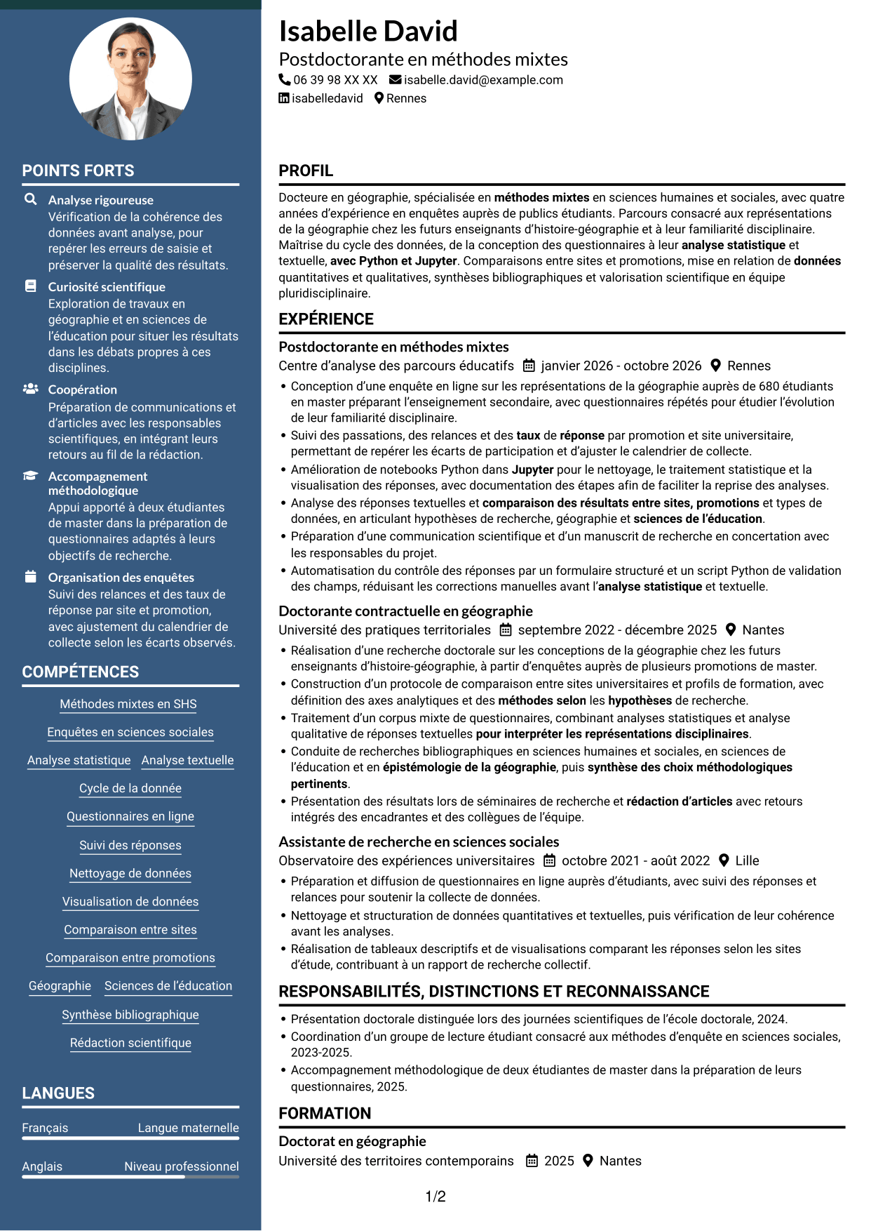 CV Élégant (format à colonne latérale colorée avec photo) : Postdoctorat - Enquête quantitative sur les représentations étudiantes de la géographie, page 1