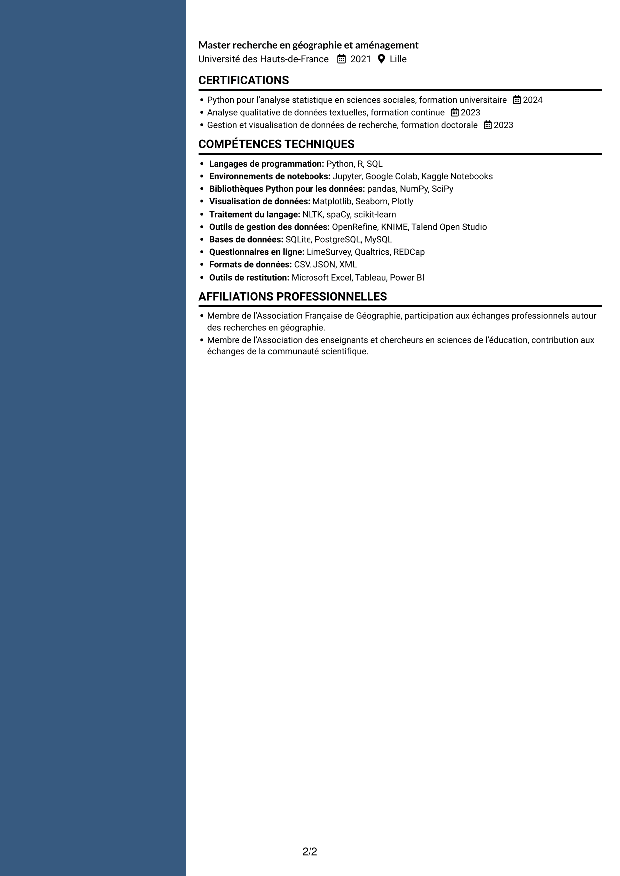 CV Élégant (format à colonne latérale colorée avec photo) : Postdoctorat - Enquête quantitative sur les représentations étudiantes de la géographie, page 2
