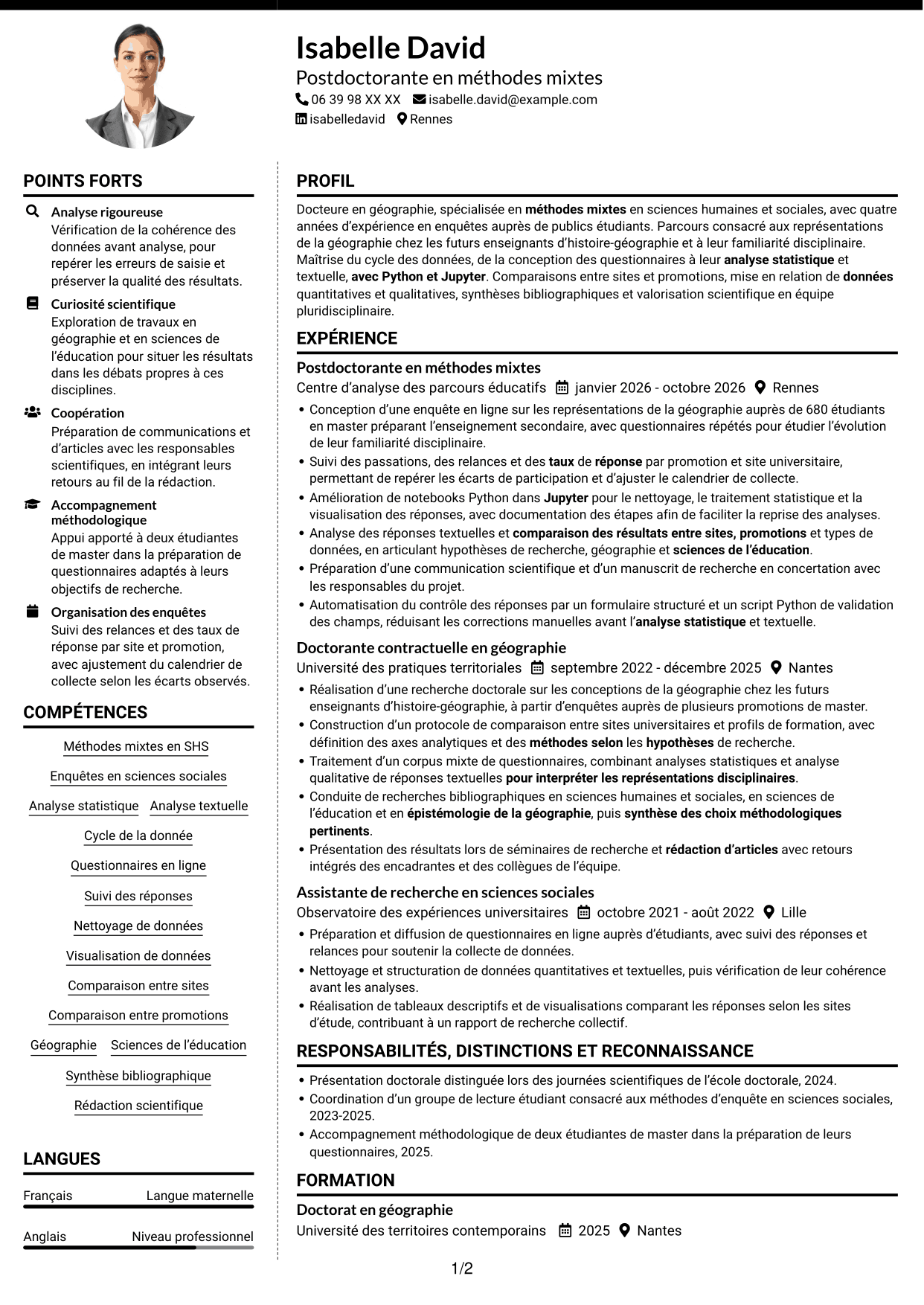 CV Moderne (format à deux colonnes avec photo à gauche et séparateur) : Postdoctorat - Enquête quantitative sur les représentations étudiantes de la géographie, page 1