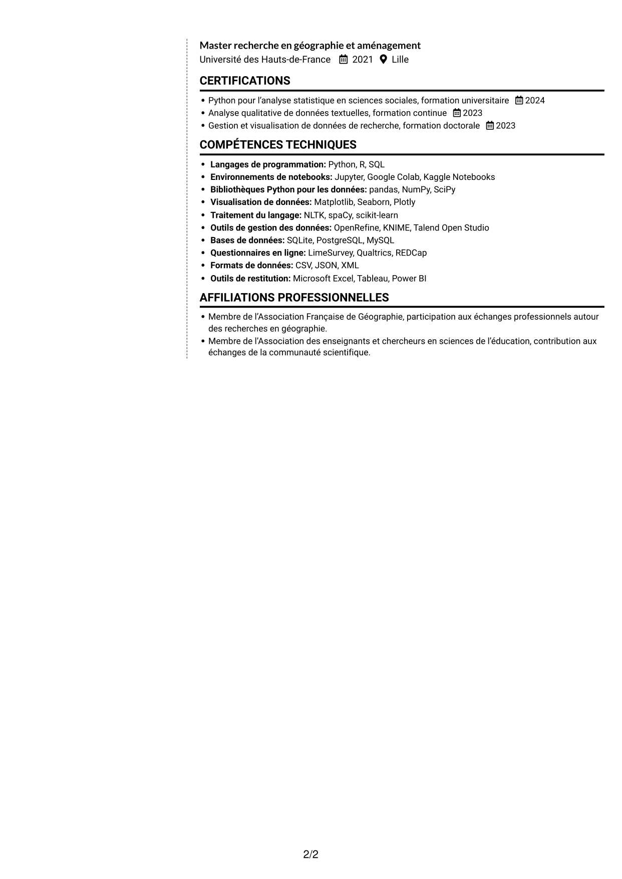 CV Moderne (format à deux colonnes avec photo à gauche et séparateur) : Postdoctorat - Enquête quantitative sur les représentations étudiantes de la géographie, page 2