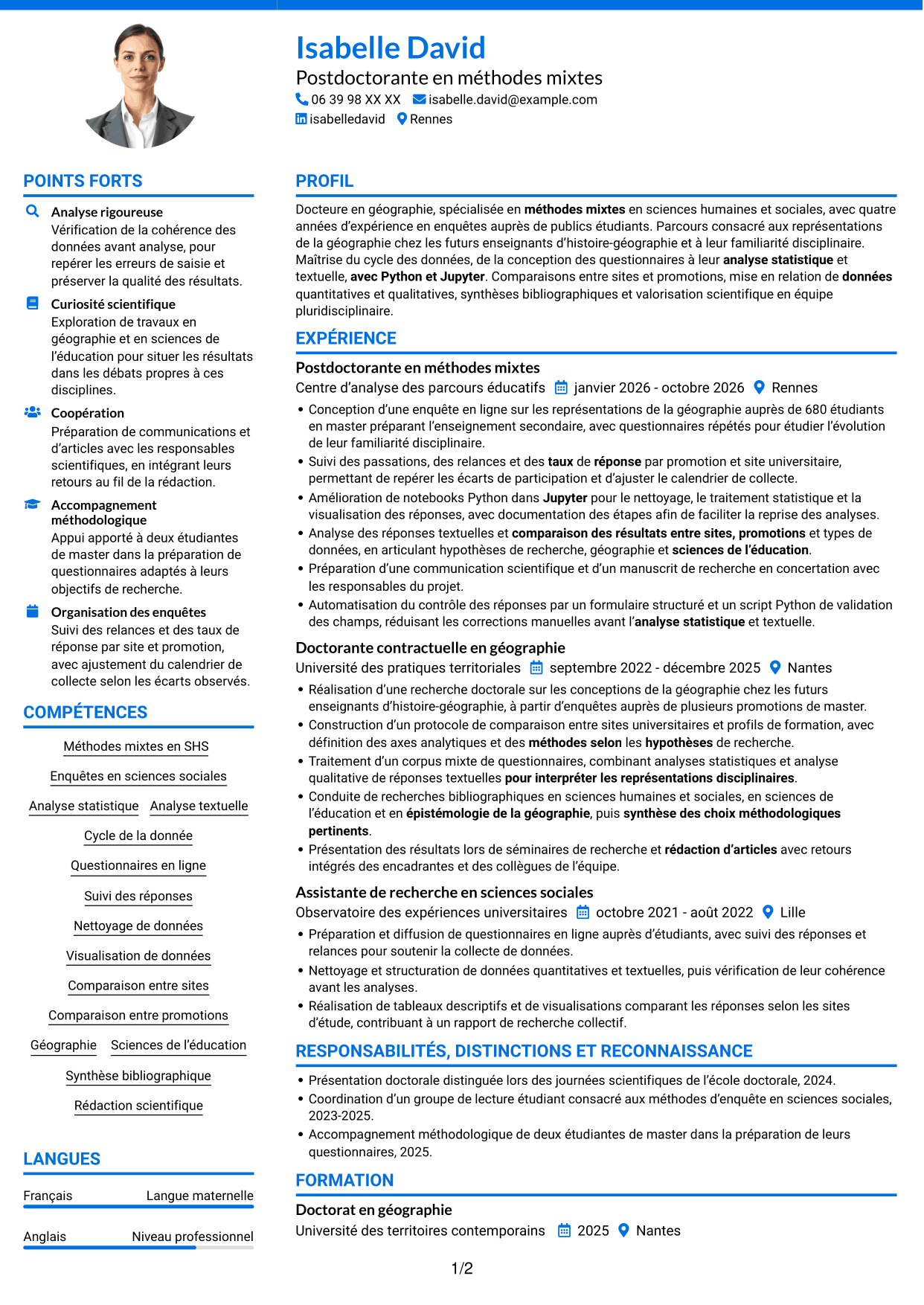 CV Audacieux (format à deux colonnes avec accents colorés et photo) : Postdoctorat - Enquête quantitative sur les représentations étudiantes de la géographie, page 1