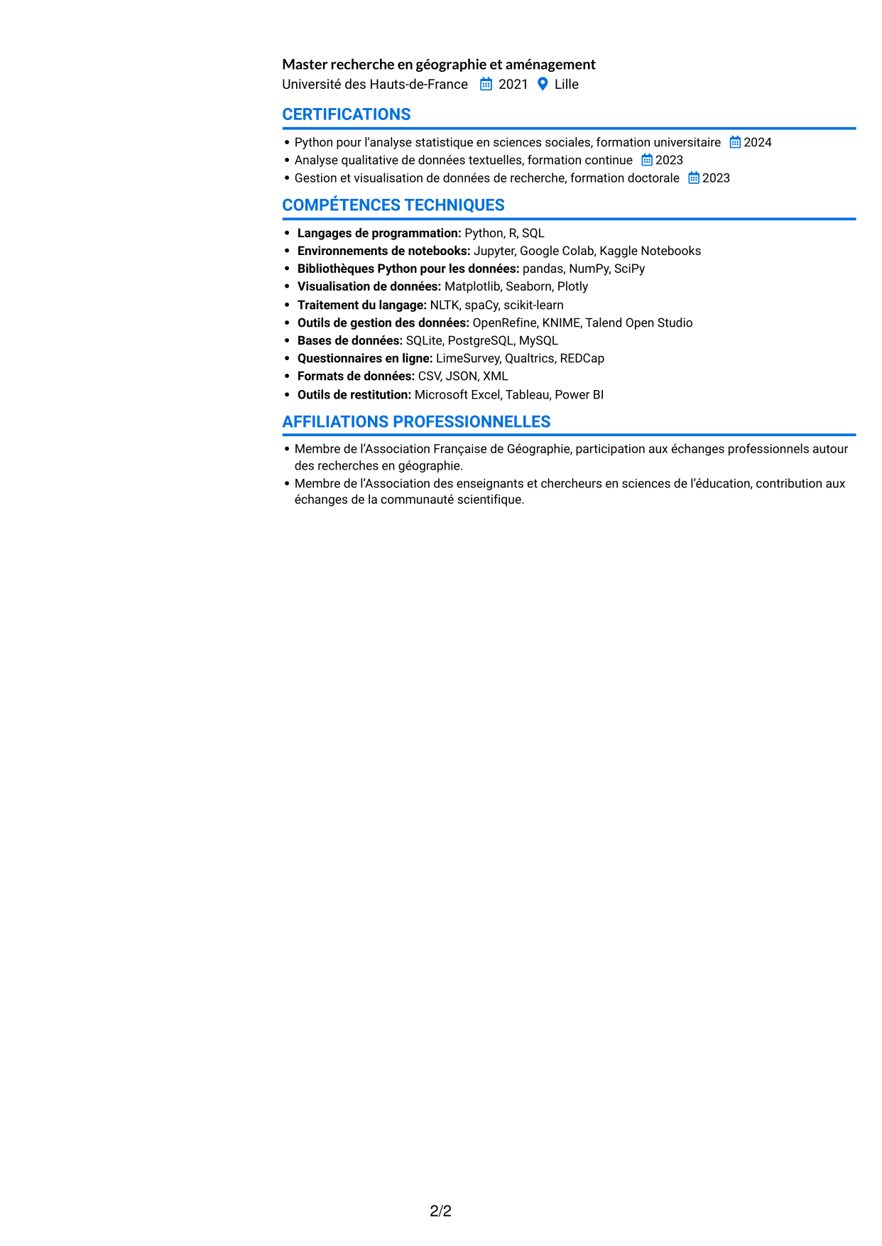 CV Audacieux (format à deux colonnes avec accents colorés et photo) : Postdoctorat - Enquête quantitative sur les représentations étudiantes de la géographie, page 2