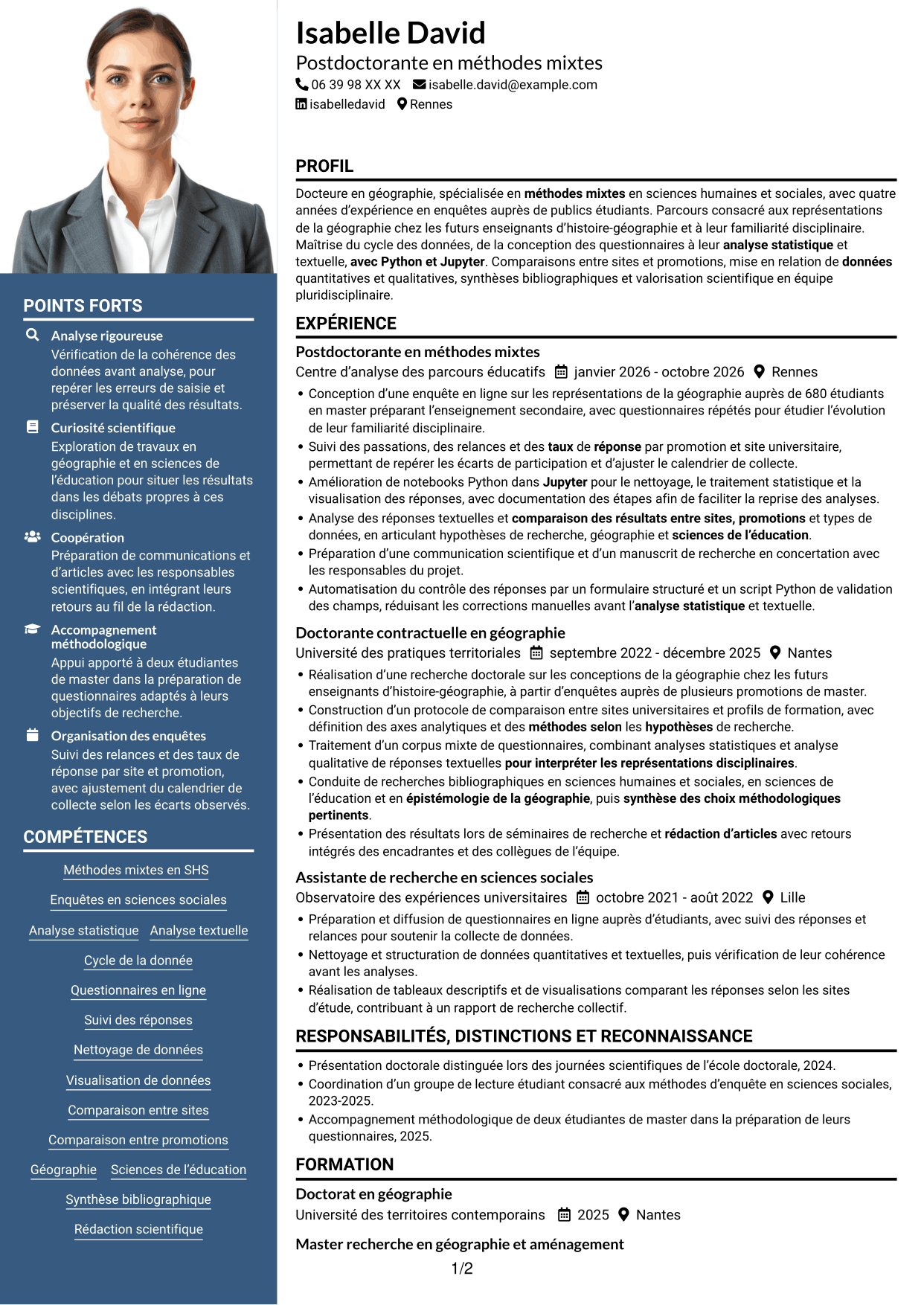 CV Signature (format à colonne latérale colorée avec grande photo) : Postdoctorat - Enquête quantitative sur les représentations étudiantes de la géographie, page 1