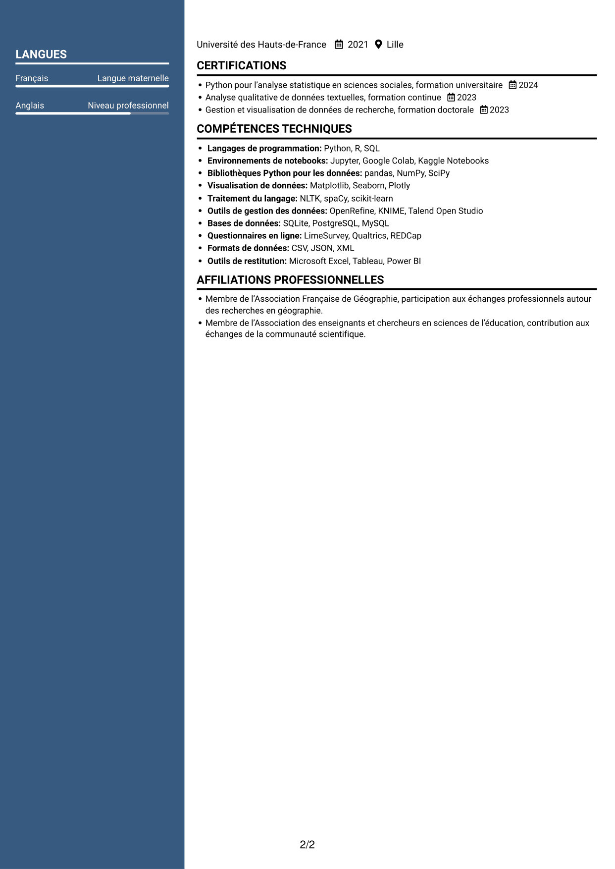 CV Signature (format à colonne latérale colorée avec grande photo) : Postdoctorat - Enquête quantitative sur les représentations étudiantes de la géographie, page 2