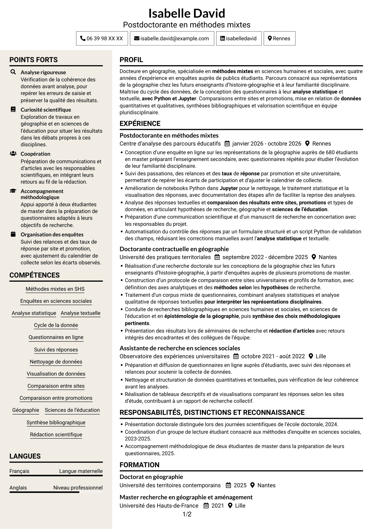 CV Fonceur (format à deux colonnes avec en-tête centré sans photo) : Postdoctorat - Enquête quantitative sur les représentations étudiantes de la géographie, page 1