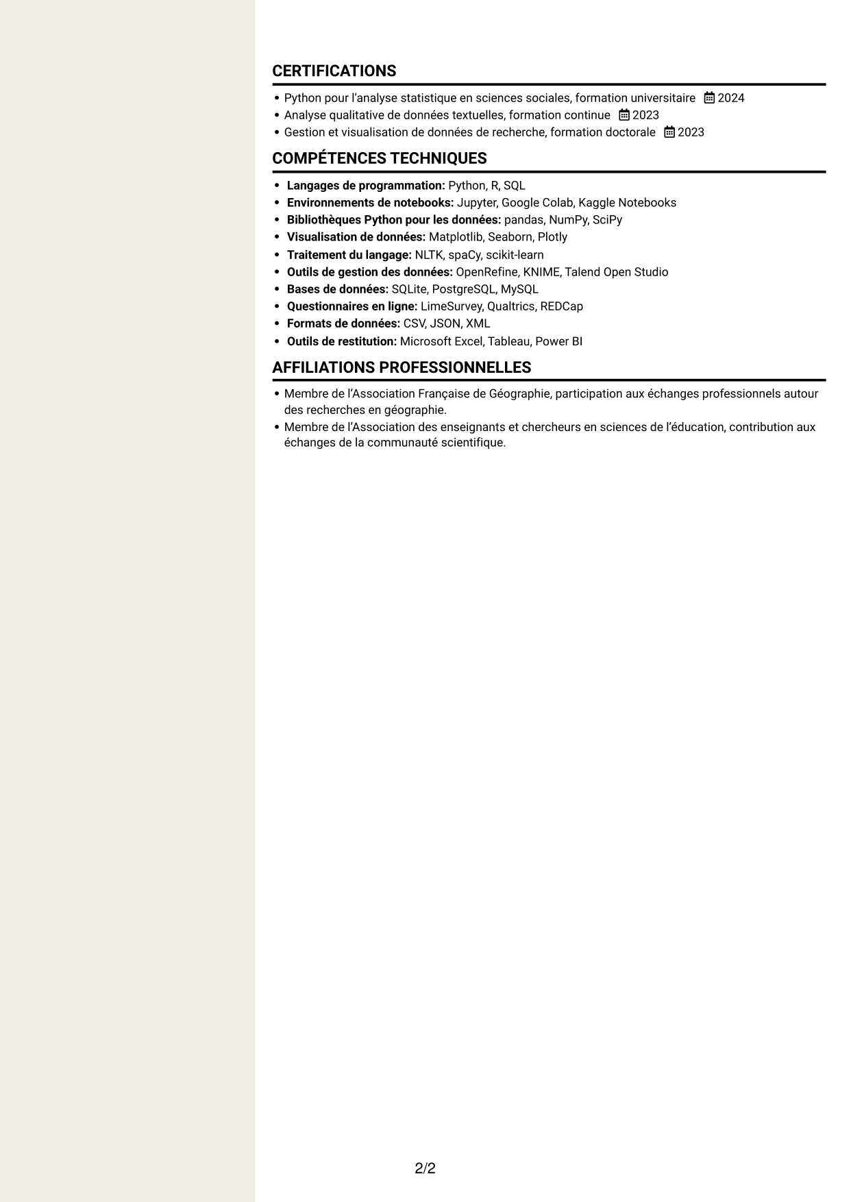 CV Fonceur (format à deux colonnes avec en-tête centré sans photo) : Postdoctorat - Enquête quantitative sur les représentations étudiantes de la géographie, page 2