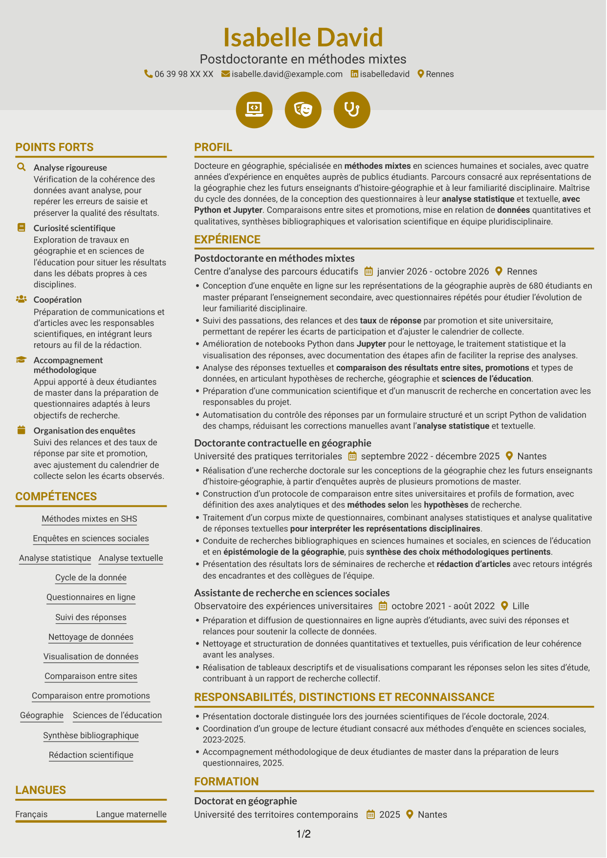 CV Dynamique (format à deux colonnes avec icônes) : Postdoctorat - Enquête quantitative sur les représentations étudiantes de la géographie, page 1