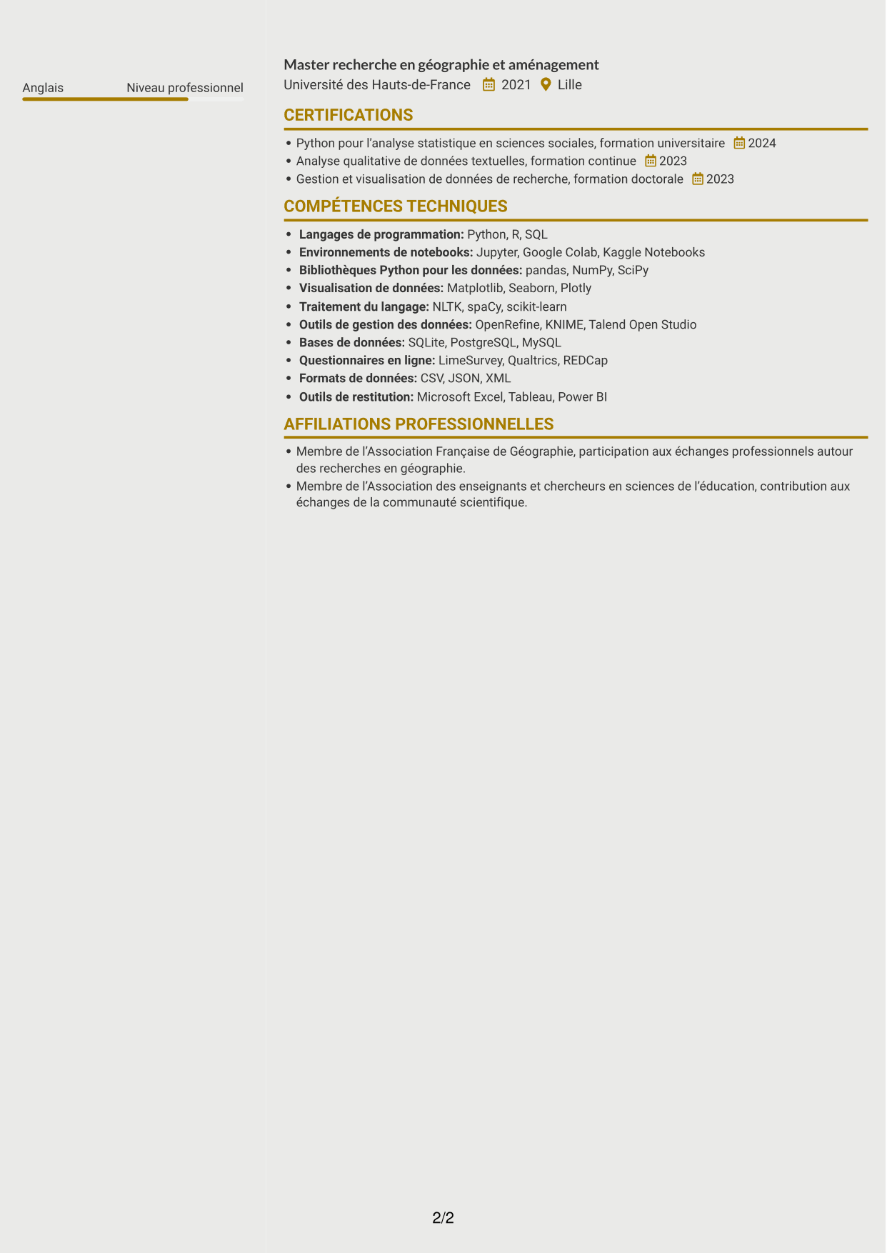 CV Dynamique (format à deux colonnes avec icônes) : Postdoctorat - Enquête quantitative sur les représentations étudiantes de la géographie, page 2