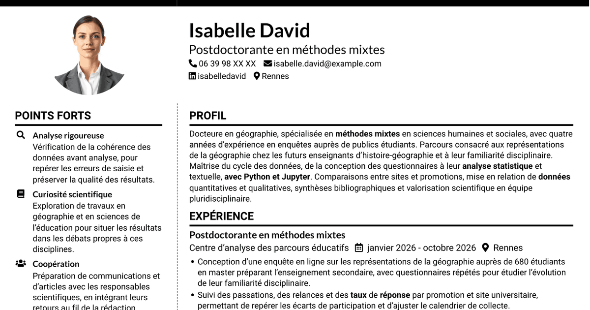 7 modèles de CV pour Postdoctorat - Enquête quantitative sur les représentations étudiantes de la géographie, avec exemples