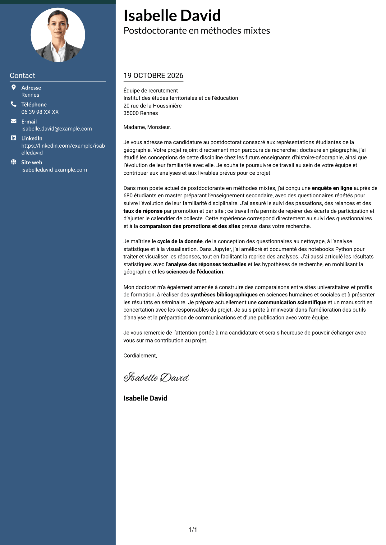 Lettre de motivation Élégant (format à colonne latérale colorée avec photo) : Postdoctorat - Enquête quantitative sur les représentations étudiantes de la géographie, page 1