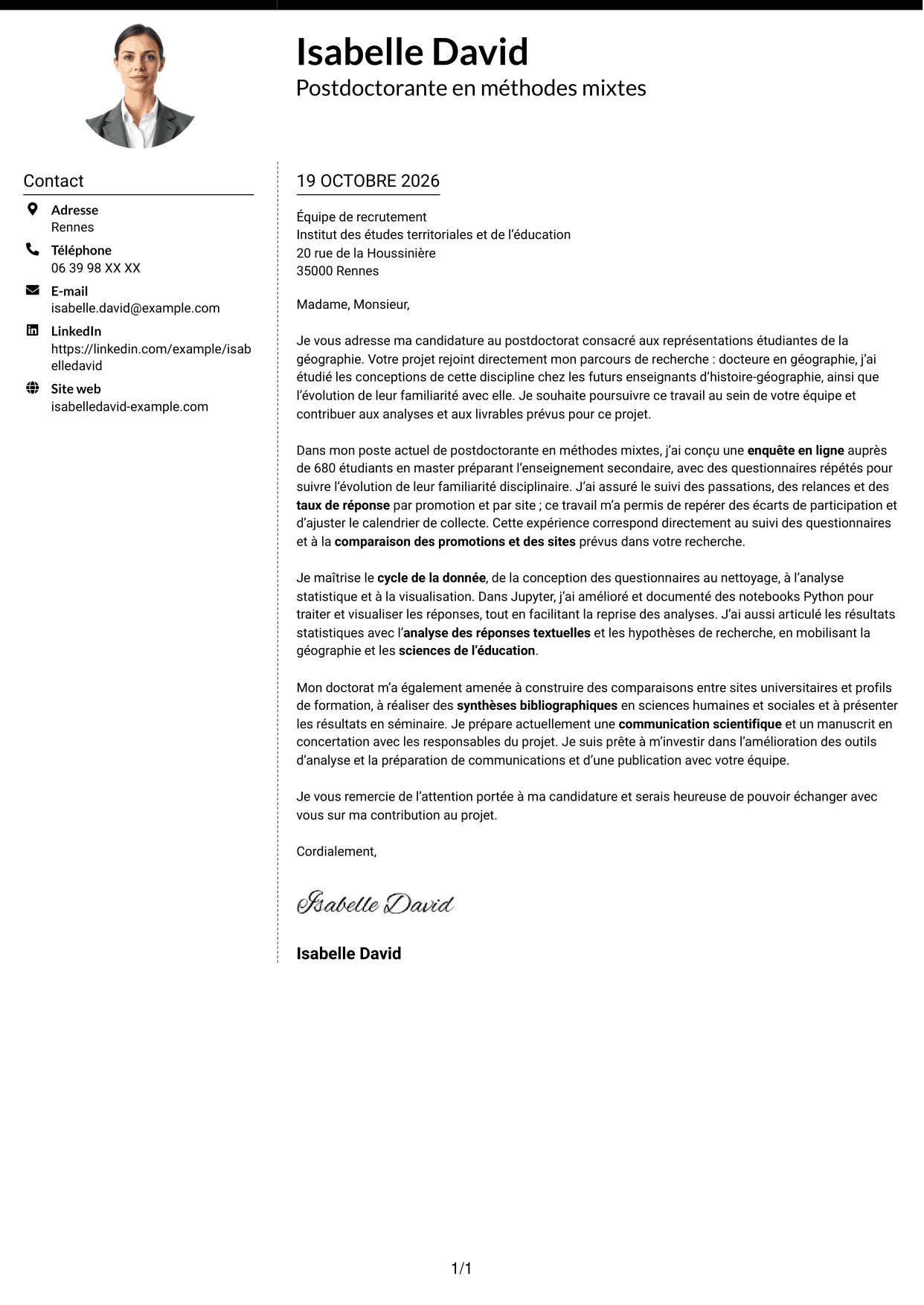 Lettre de motivation Moderne (format à deux colonnes avec photo à gauche et séparateur) : Postdoctorat - Enquête quantitative sur les représentations étudiantes de la géographie, page 1
