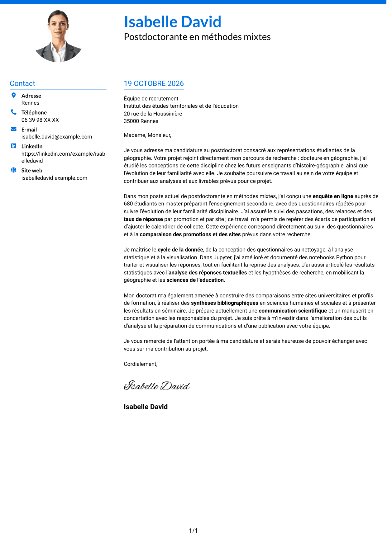 Lettre de motivation Audacieux (format à deux colonnes avec accents colorés et photo) : Postdoctorat - Enquête quantitative sur les représentations étudiantes de la géographie, page 1