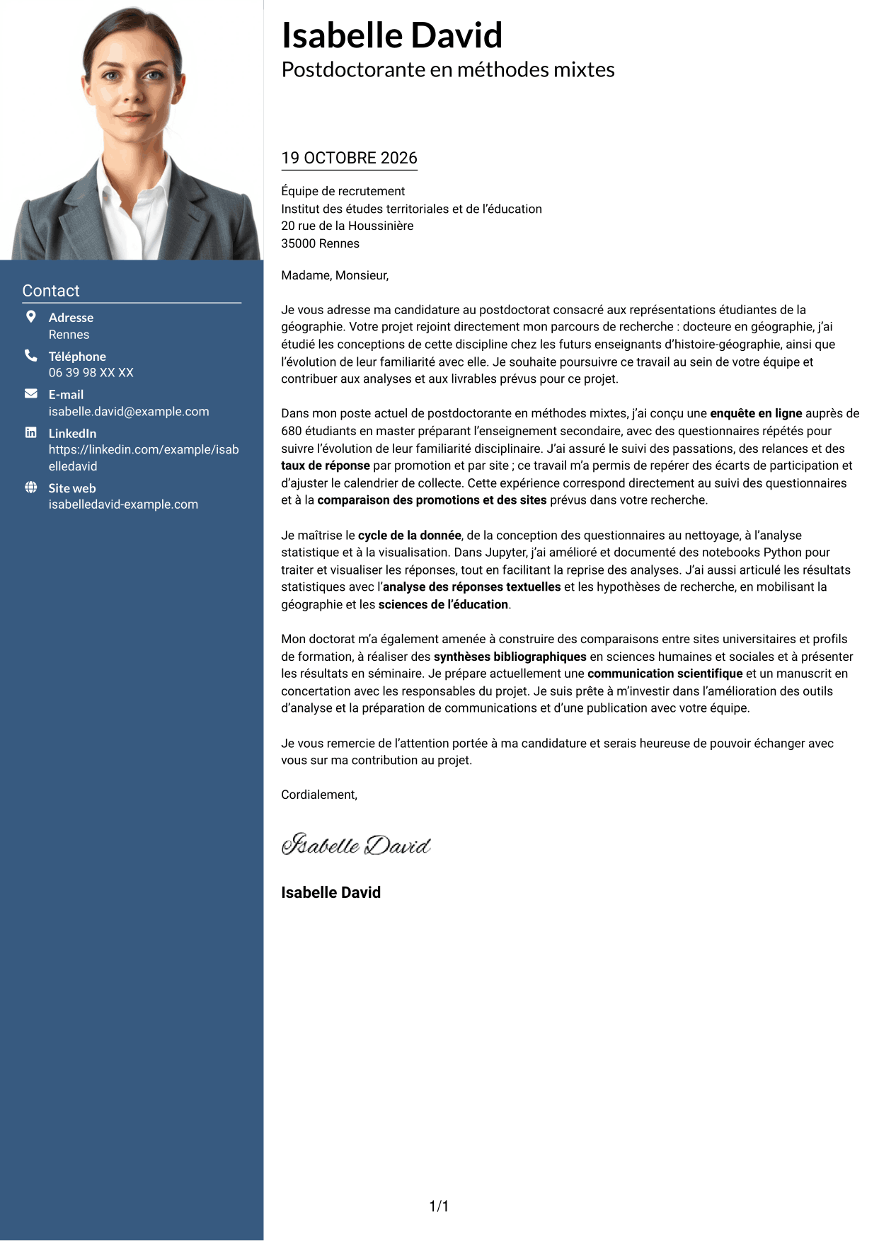 Lettre de motivation Signature (format à colonne latérale colorée avec grande photo) : Postdoctorat - Enquête quantitative sur les représentations étudiantes de la géographie, page 1