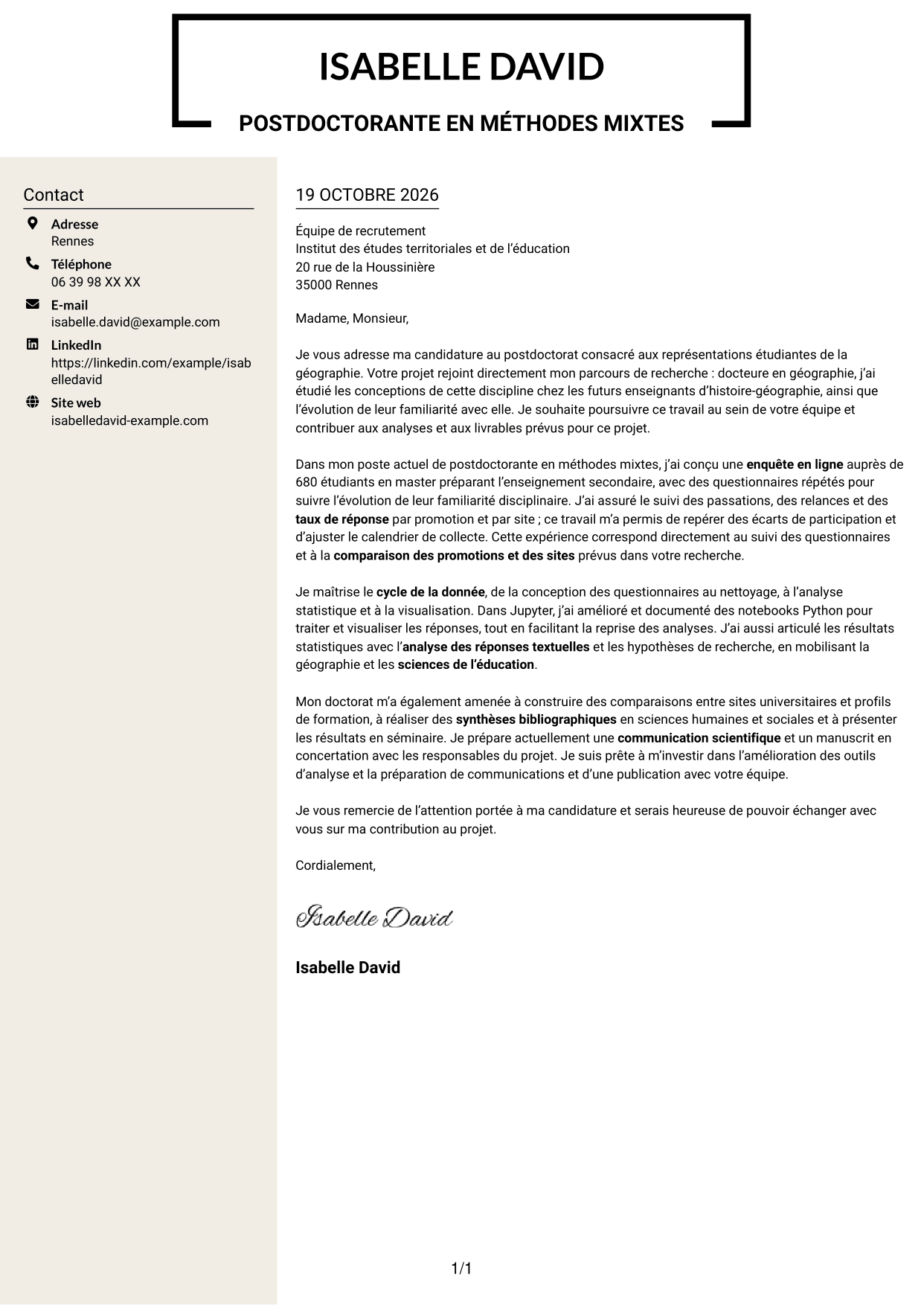 Lettre de motivation Fonceur (format à deux colonnes avec en-tête centré sans photo) : Postdoctorat - Enquête quantitative sur les représentations étudiantes de la géographie, page 1