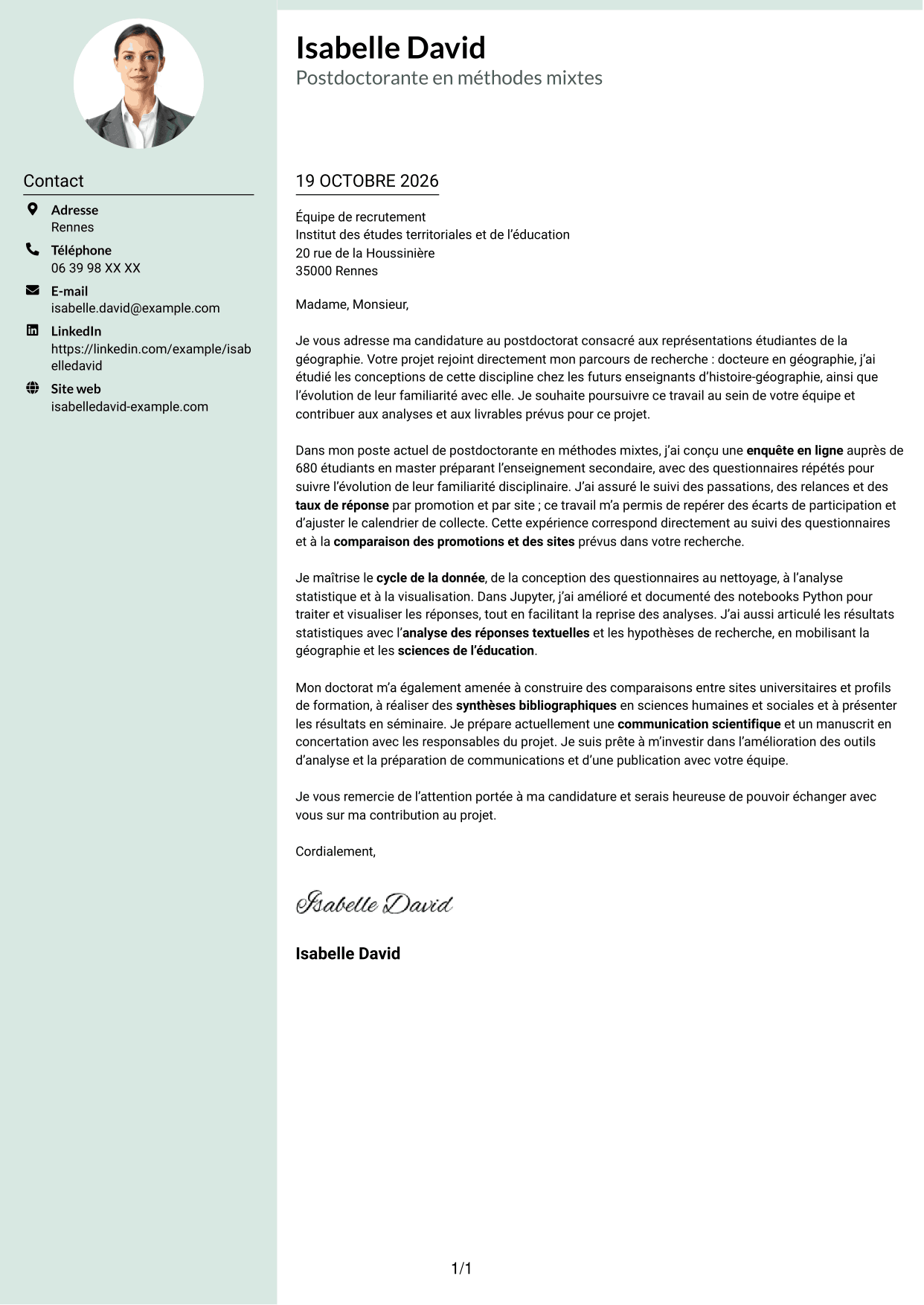 Lettre de motivation Cadre (format à colonne latérale douce avec photo arrondie) : Postdoctorat - Enquête quantitative sur les représentations étudiantes de la géographie, page 1