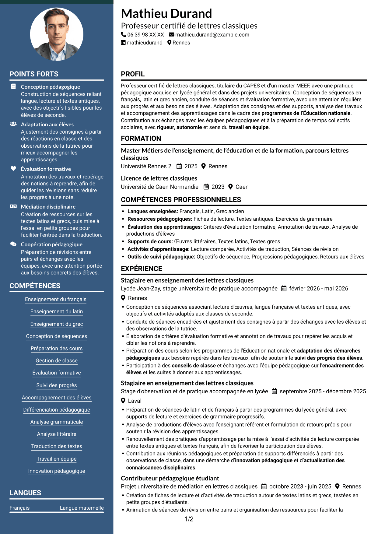 CV Élégant (format à colonne latérale colorée avec photo) : Professeur certifié - Lettres classiques, page 1