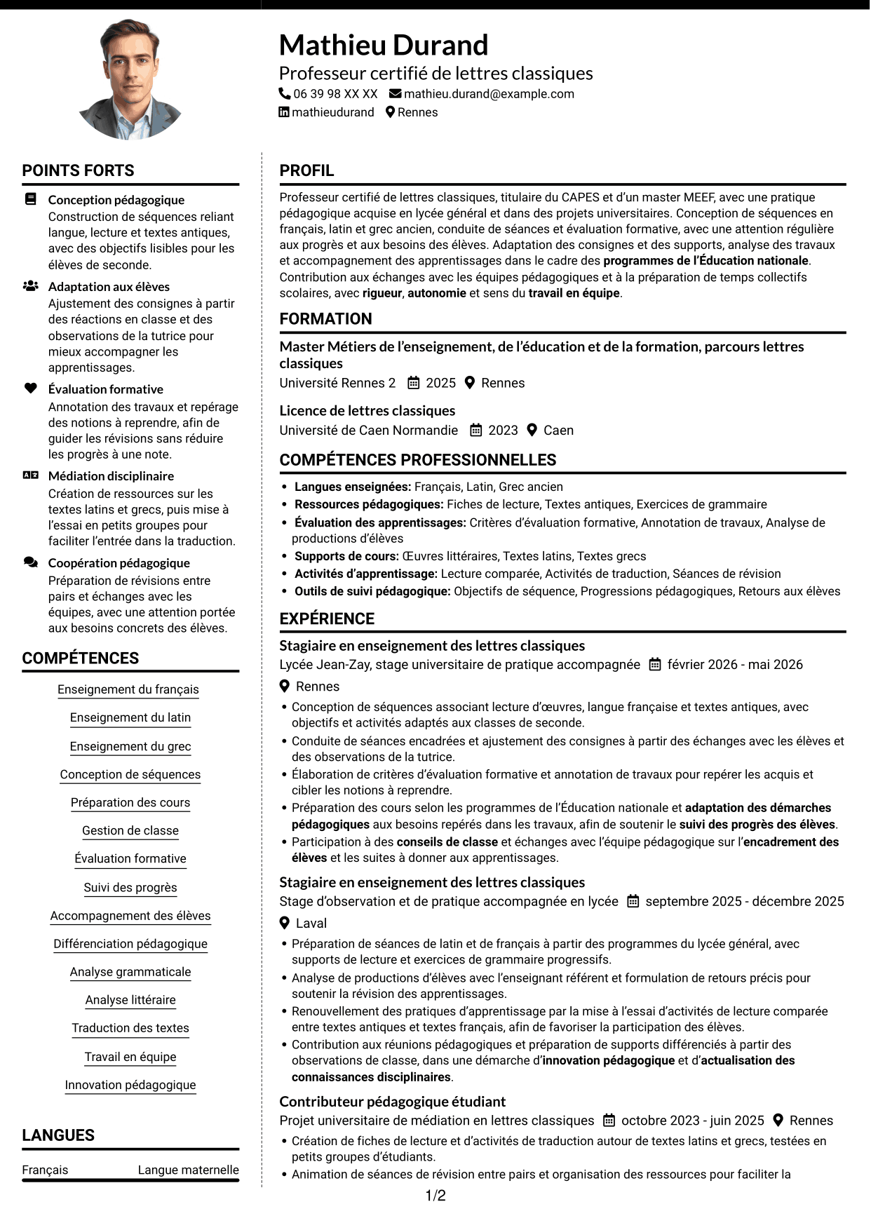 CV Moderne (format à deux colonnes avec photo à gauche et séparateur) : Professeur certifié - Lettres classiques, page 1