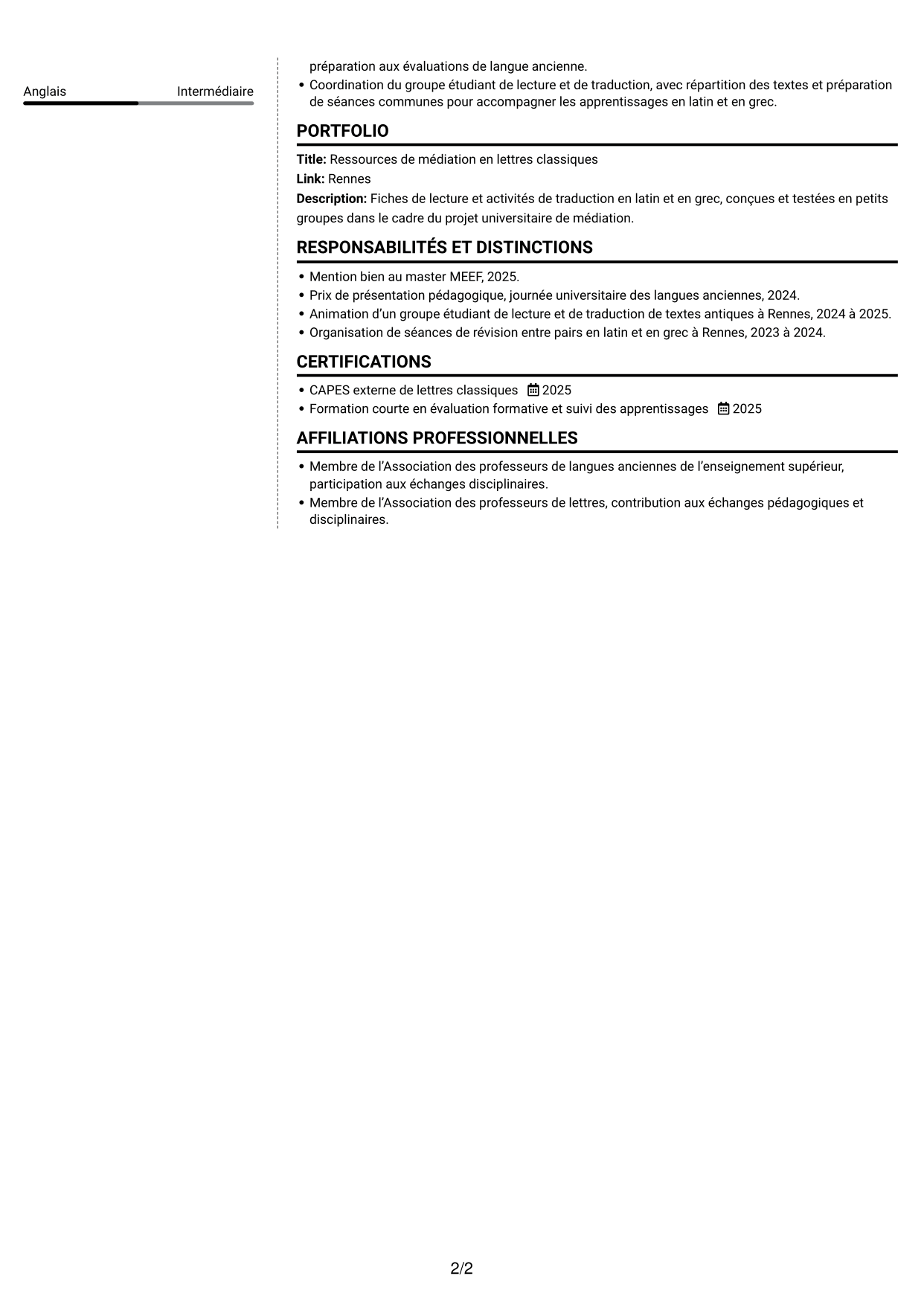 CV Moderne (format à deux colonnes avec photo à gauche et séparateur) : Professeur certifié - Lettres classiques, page 2
