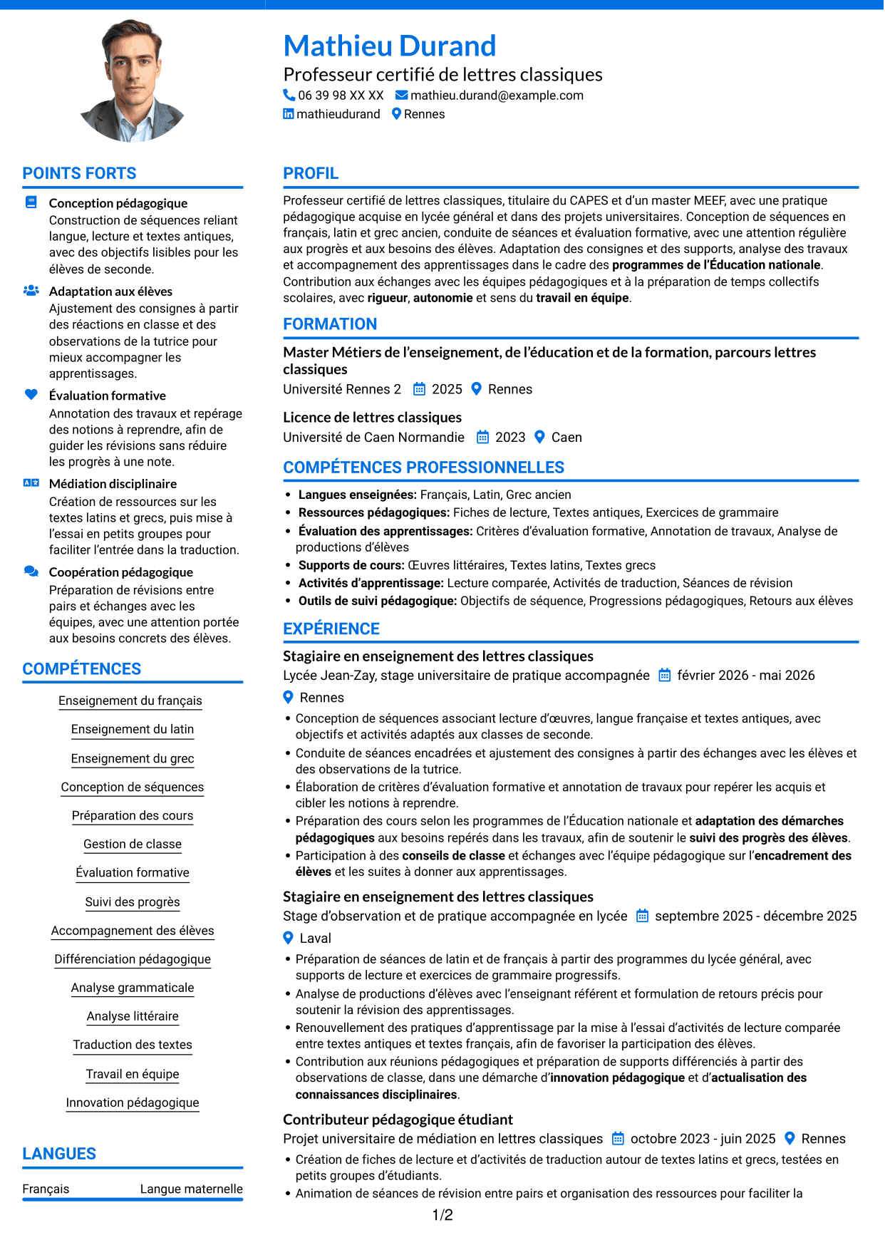 CV Audacieux (format à deux colonnes avec accents colorés et photo) : Professeur certifié - Lettres classiques, page 1