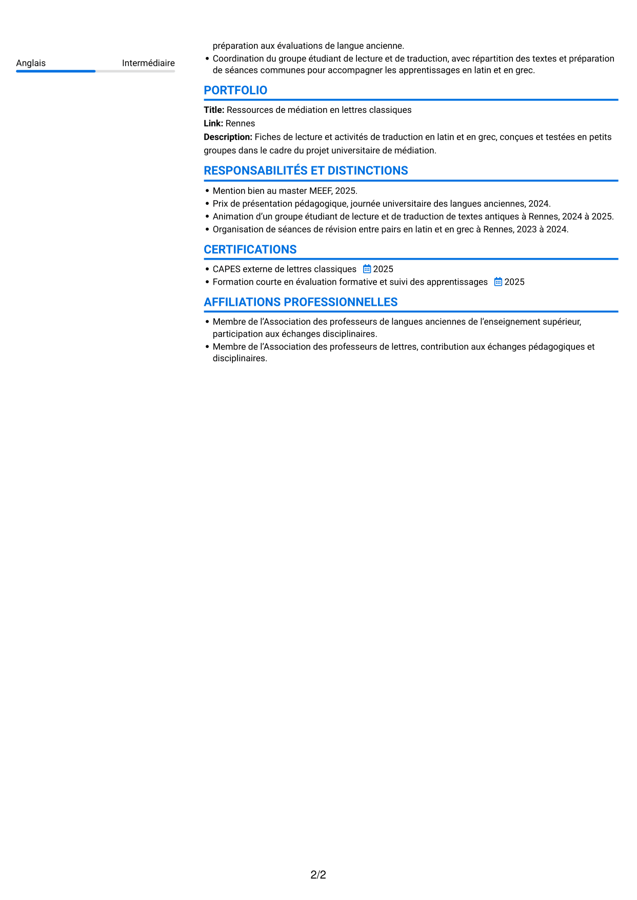 CV Audacieux (format à deux colonnes avec accents colorés et photo) : Professeur certifié - Lettres classiques, page 2