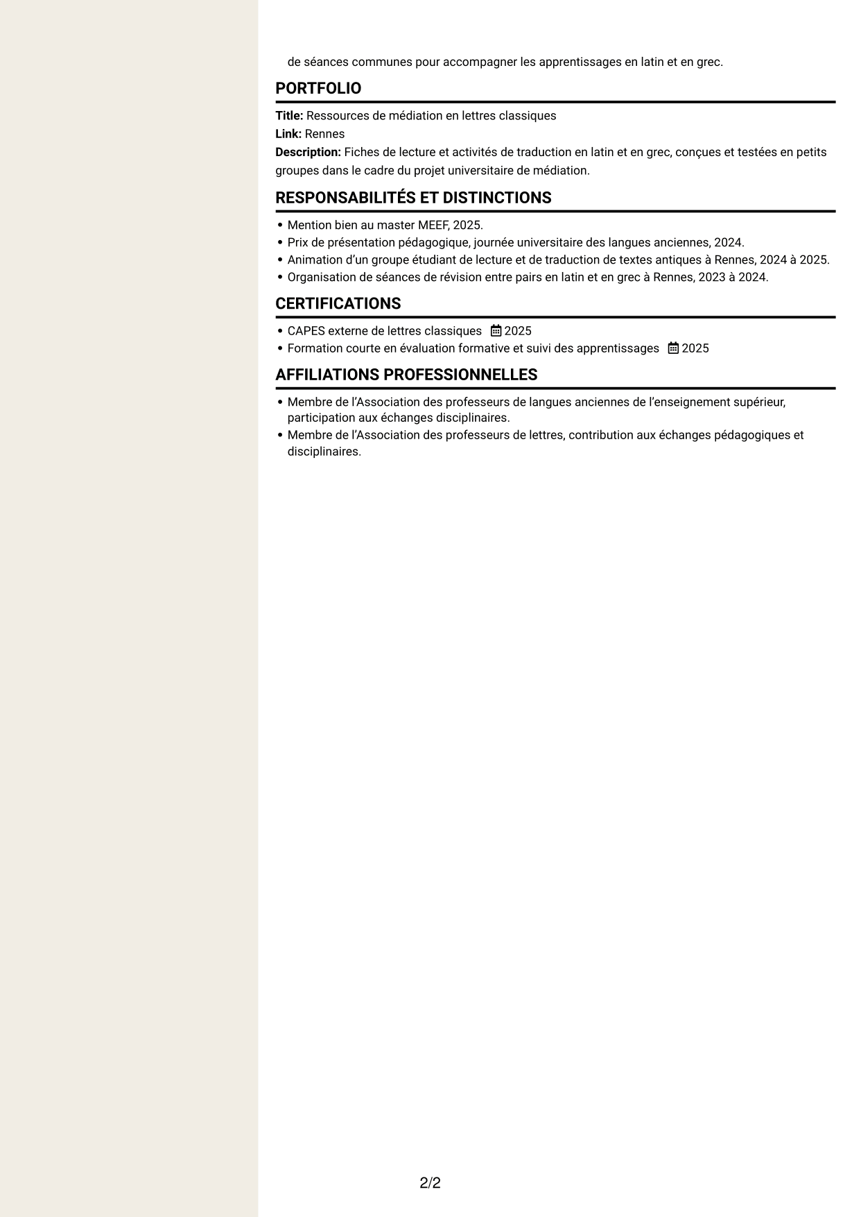 CV Fonceur (format à deux colonnes avec en-tête centré sans photo) : Professeur certifié - Lettres classiques, page 2