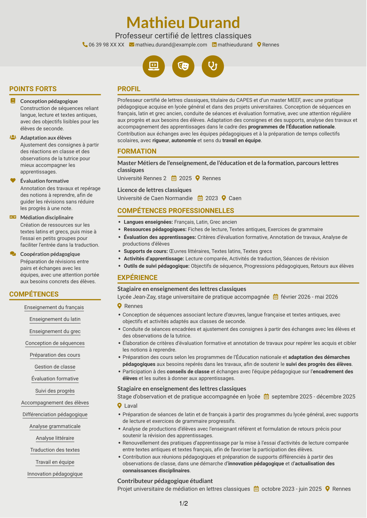CV Dynamique (format à deux colonnes avec icônes) : Professeur certifié - Lettres classiques, page 1