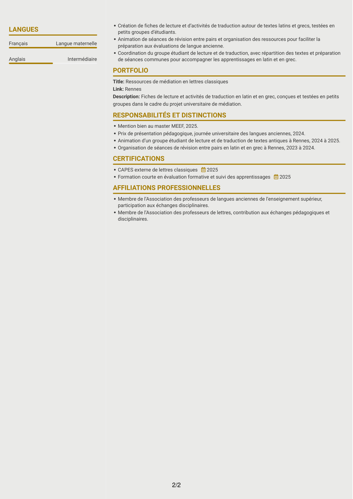 CV Dynamique (format à deux colonnes avec icônes) : Professeur certifié - Lettres classiques, page 2