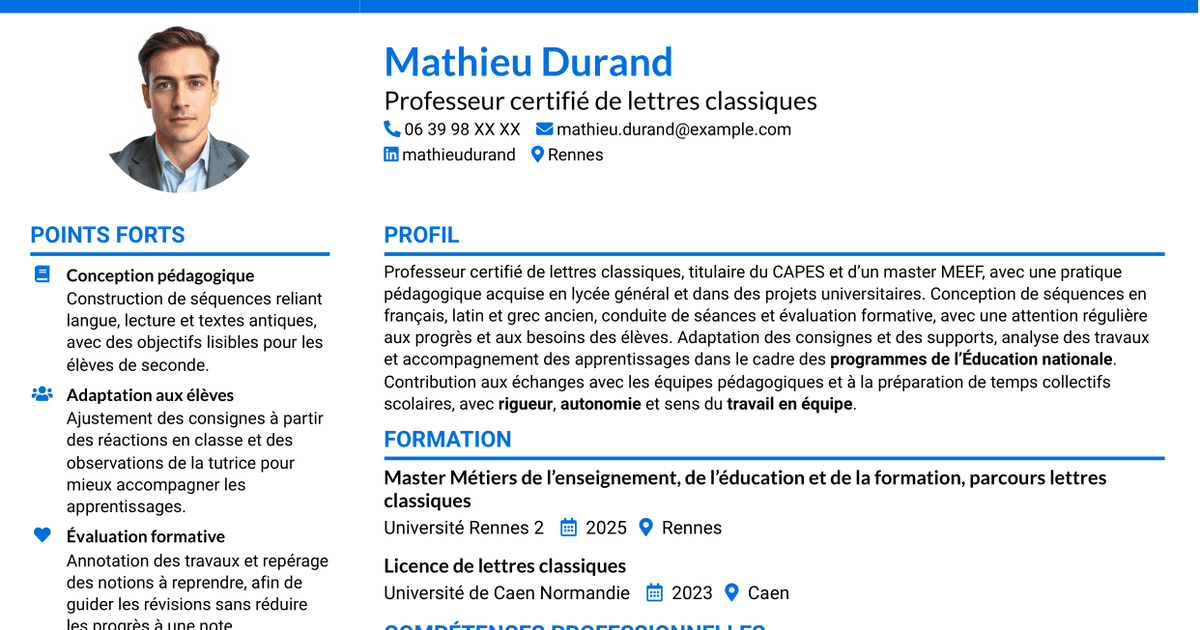 7 modèles de CV pour Professeur certifié - Lettres classiques, avec exemples