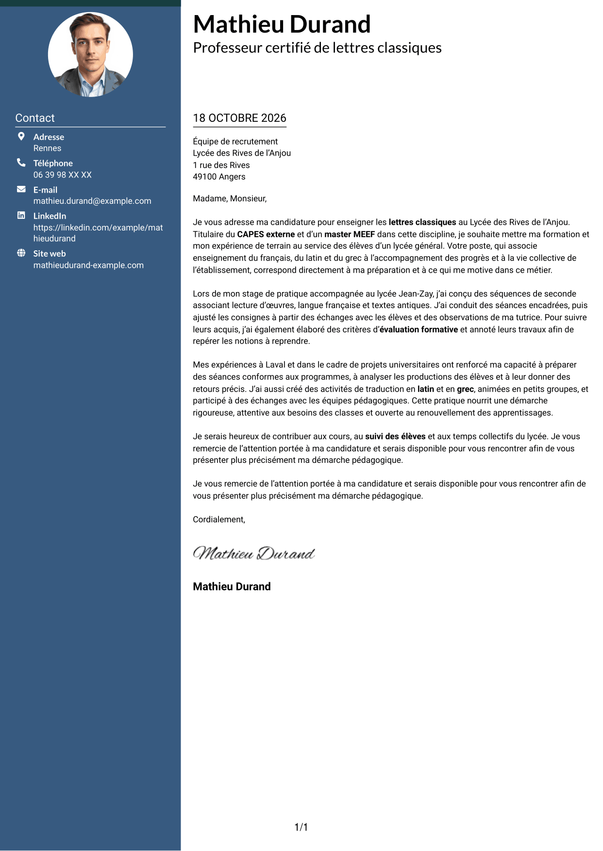 Lettre de motivation Élégant (format à colonne latérale colorée avec photo) : Professeur certifié - Lettres classiques, page 1