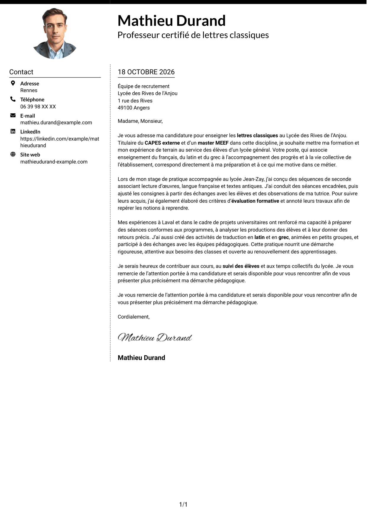 Lettre de motivation Moderne (format à deux colonnes avec photo à gauche et séparateur) : Professeur certifié - Lettres classiques, page 1