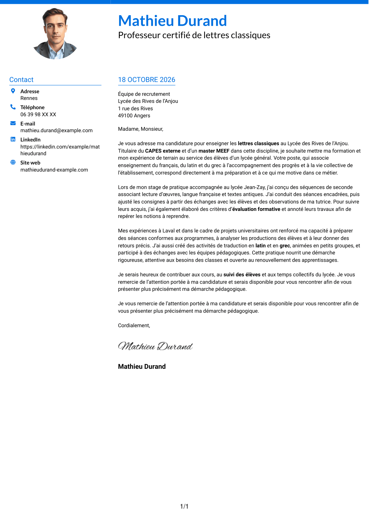Lettre de motivation Audacieux (format à deux colonnes avec accents colorés et photo) : Professeur certifié - Lettres classiques, page 1