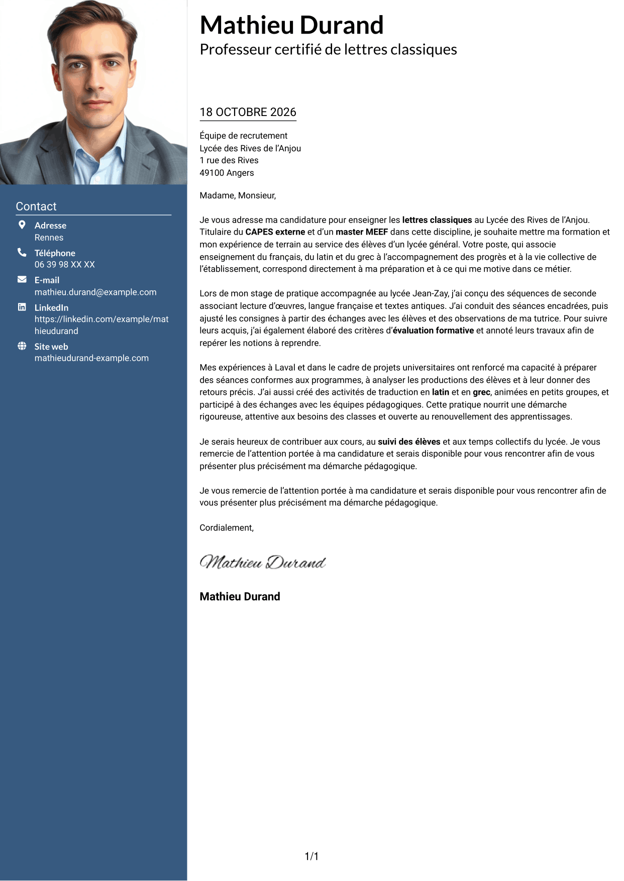 Lettre de motivation Signature (format à colonne latérale colorée avec grande photo) : Professeur certifié - Lettres classiques, page 1
