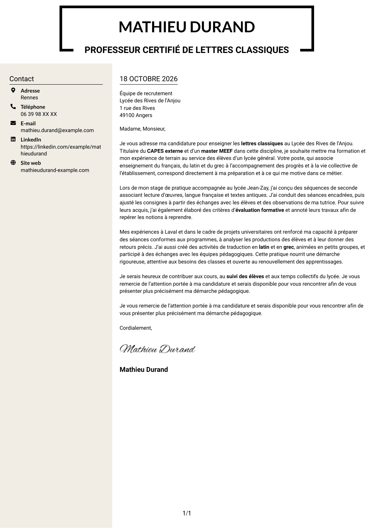 Lettre de motivation Fonceur (format à deux colonnes avec en-tête centré sans photo) : Professeur certifié - Lettres classiques, page 1