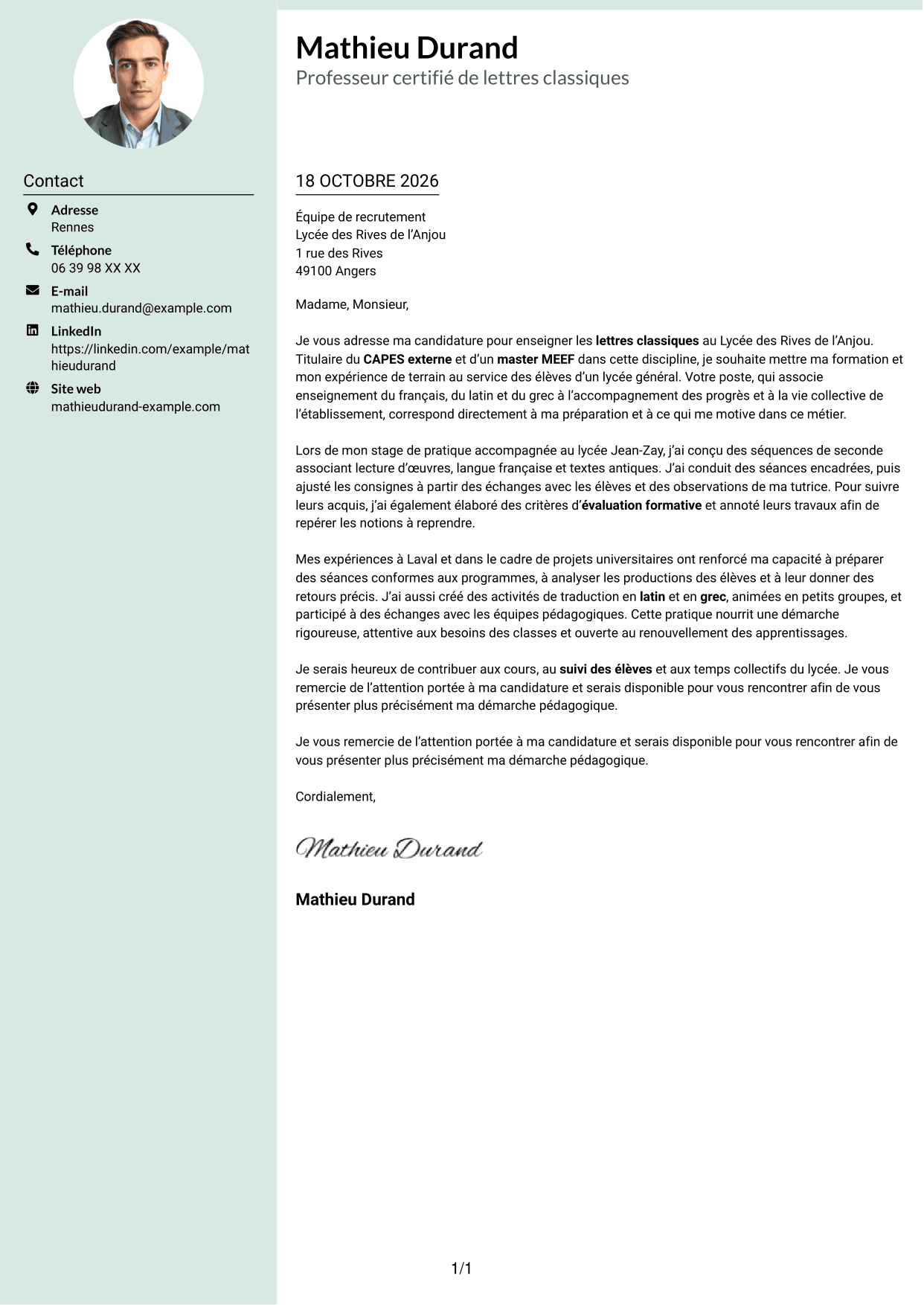Lettre de motivation Cadre (format à colonne latérale douce avec photo arrondie) : Professeur certifié - Lettres classiques, page 1