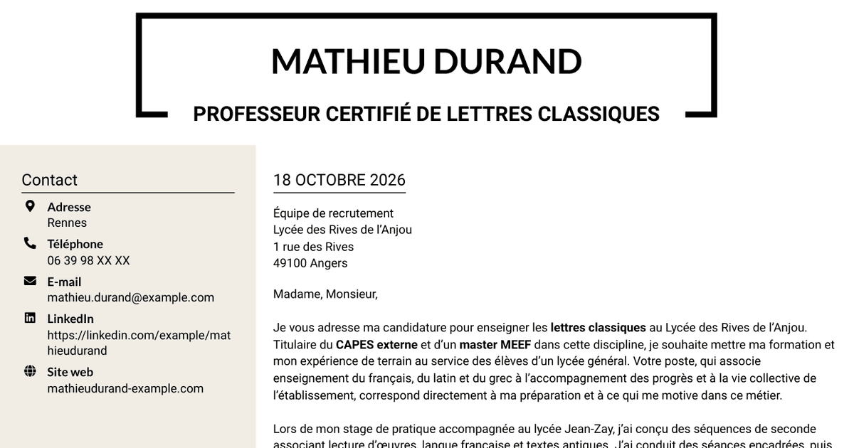 7 modèles de lettre de motivation pour Professeur certifié - Lettres classiques, avec exemples