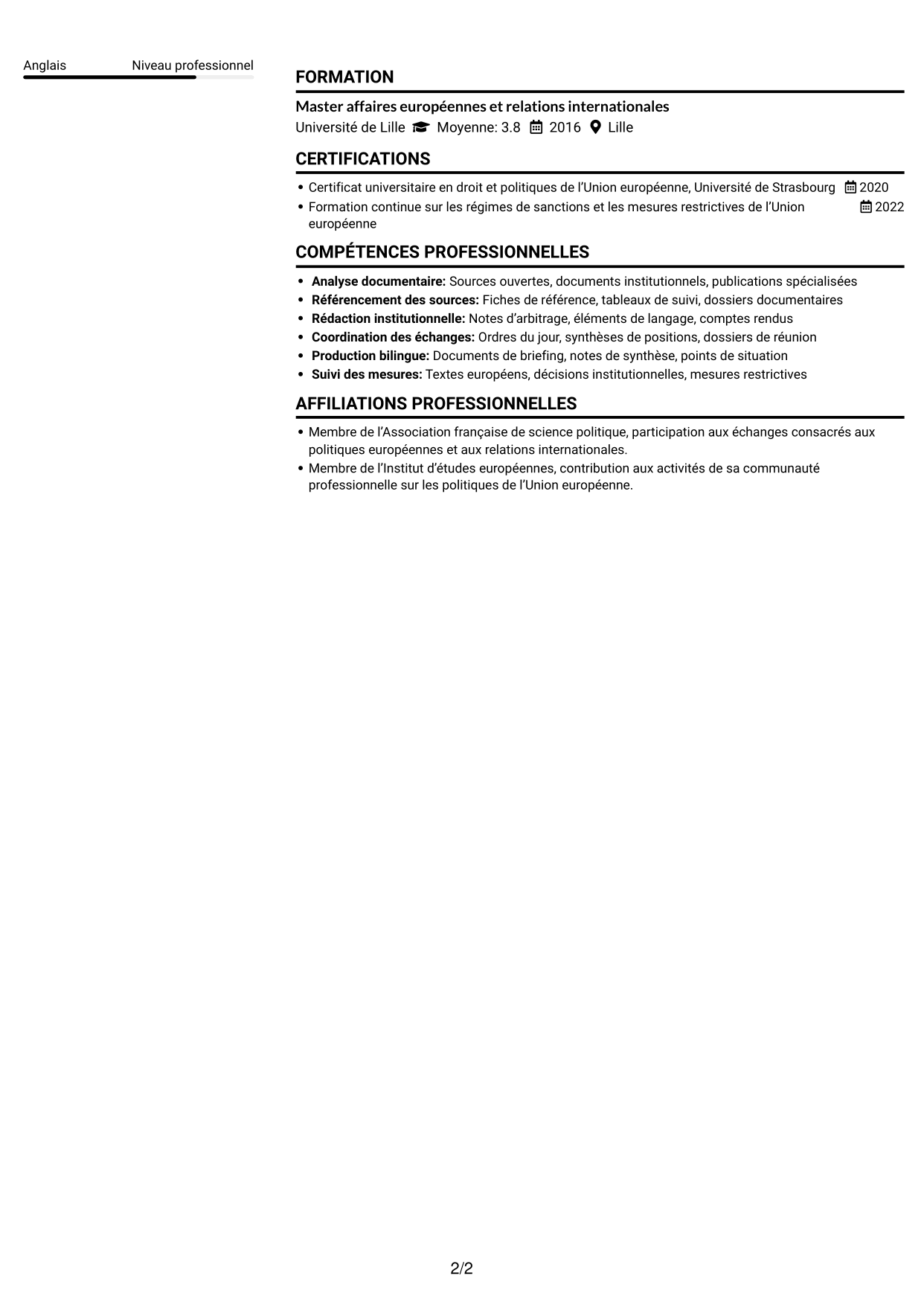 CV Compact (format sobre à deux colonnes avec photo) : Rédacteur sanctions, page 2