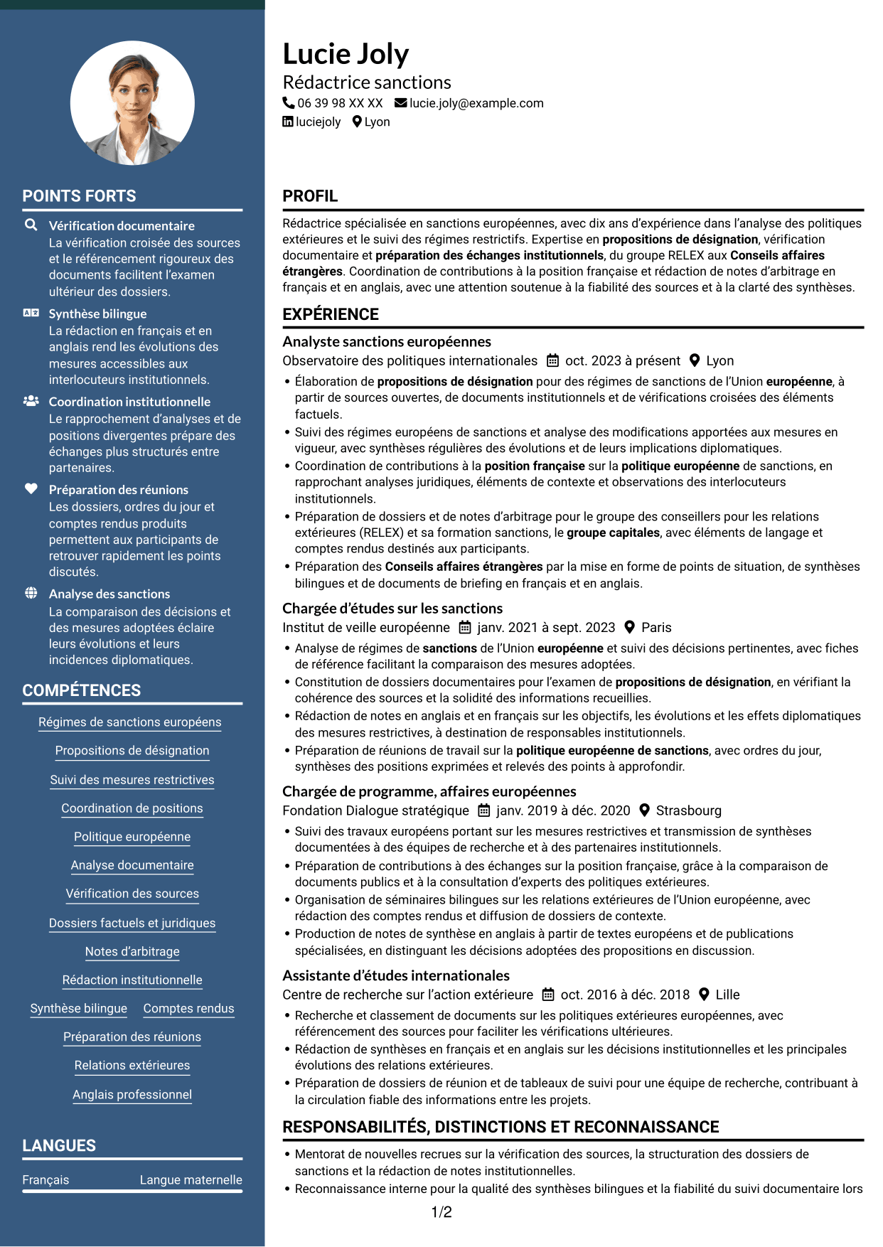 CV Élégant (format à colonne latérale colorée avec photo) : Rédacteur sanctions, page 1