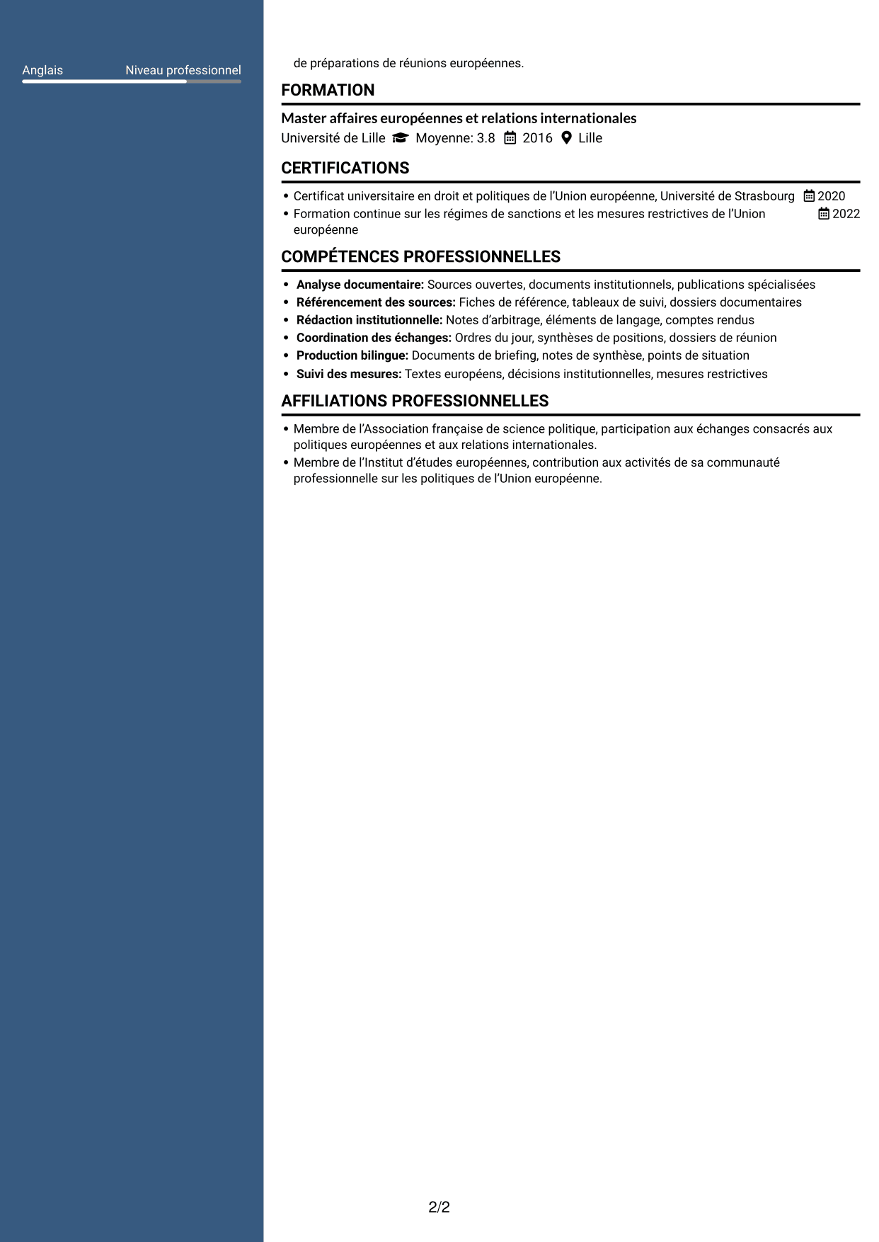 CV Élégant (format à colonne latérale colorée avec photo) : Rédacteur sanctions, page 2